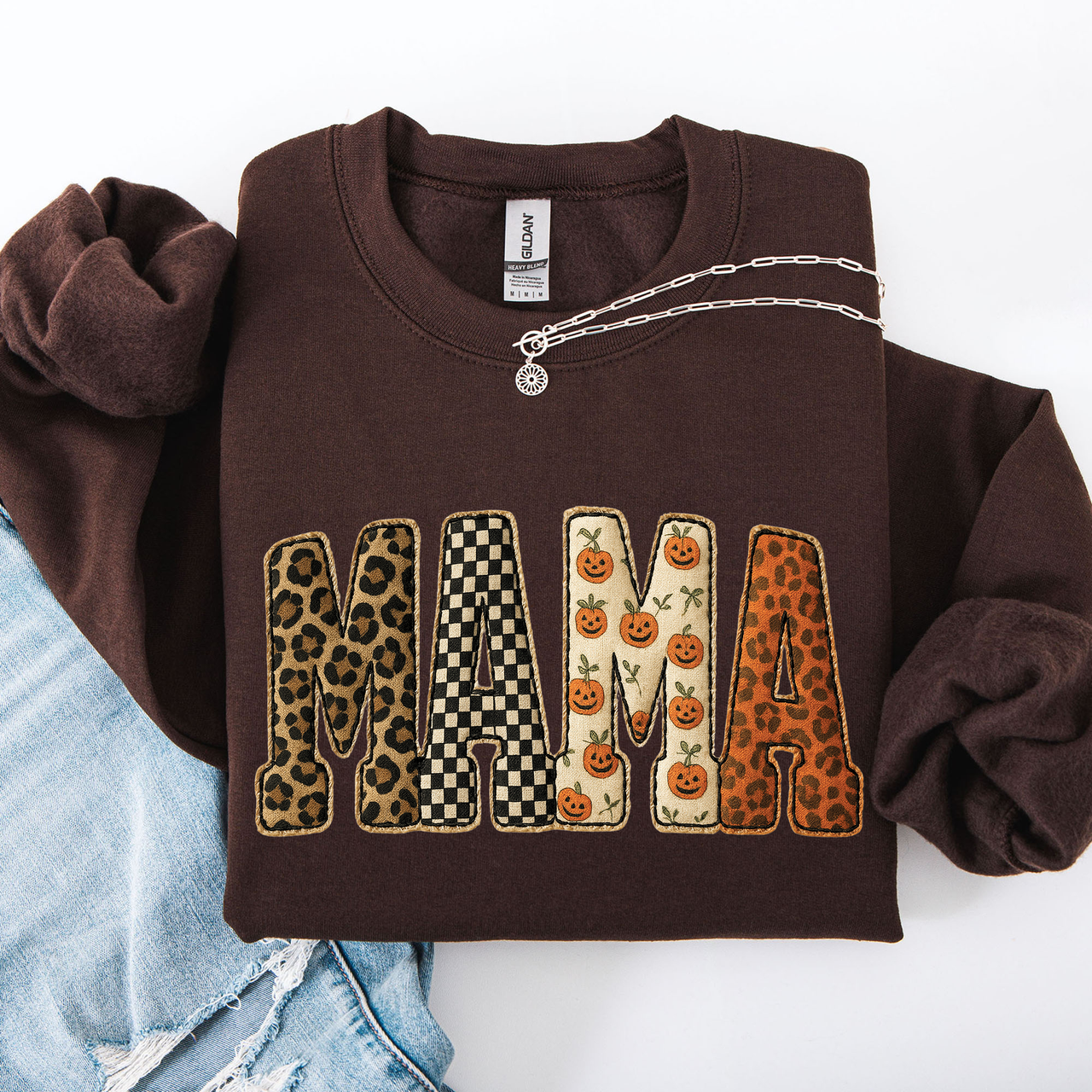 Vintage Mama Halloween Patchwork Leopard Print Checkered Pumpkin Pattern Sweatshirt