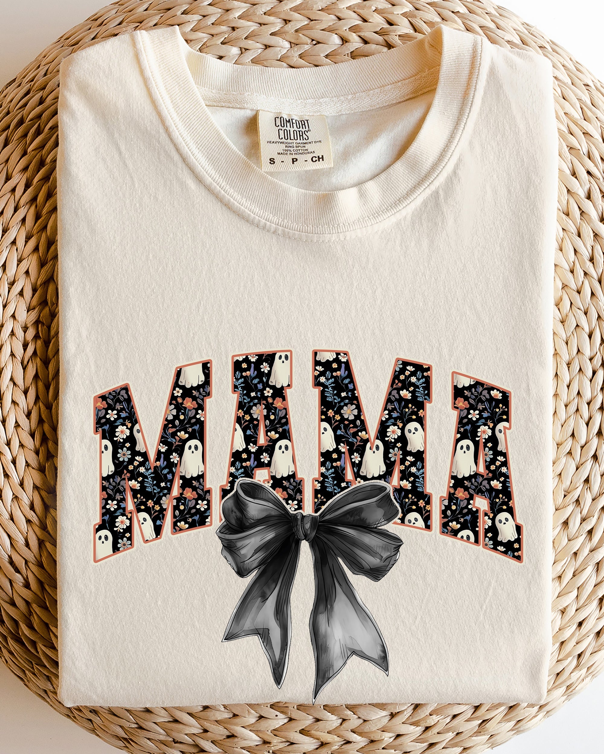 Mama Halloween Bow Ribbon Goth Spooky Witch Varsity Collegiate Comfort Colors Tee