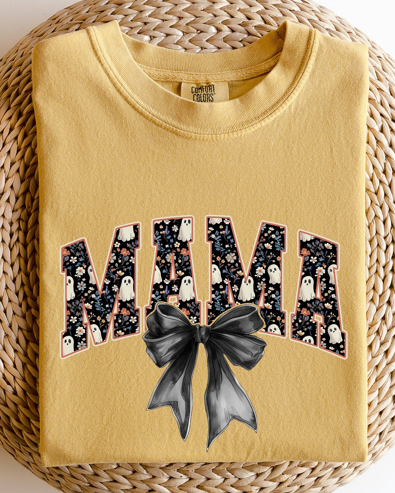 Mama Halloween Bow Ribbon Goth Spooky Witch Varsity Collegiate Comfort Colors Tee