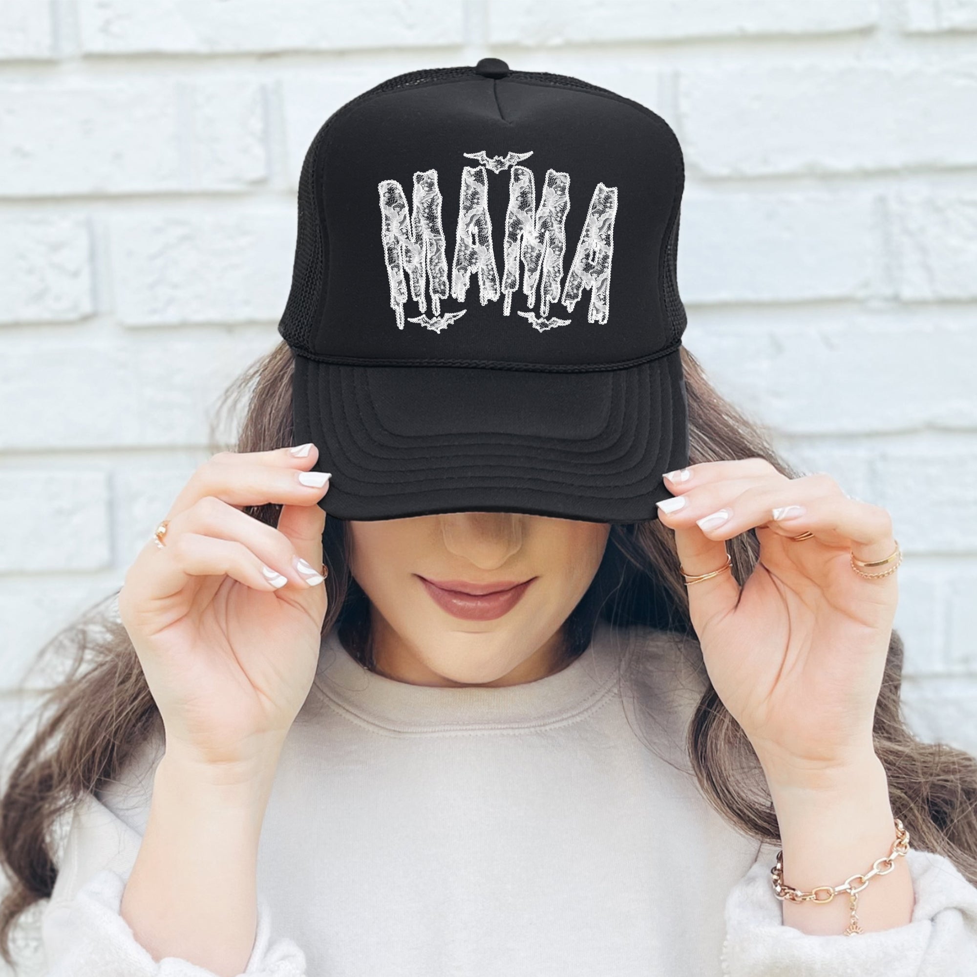 Mama Halloween Faux Lace Spooky Sass Party Ready Ghoulish Glam Statement For Halloween Lovers Trucker Hat