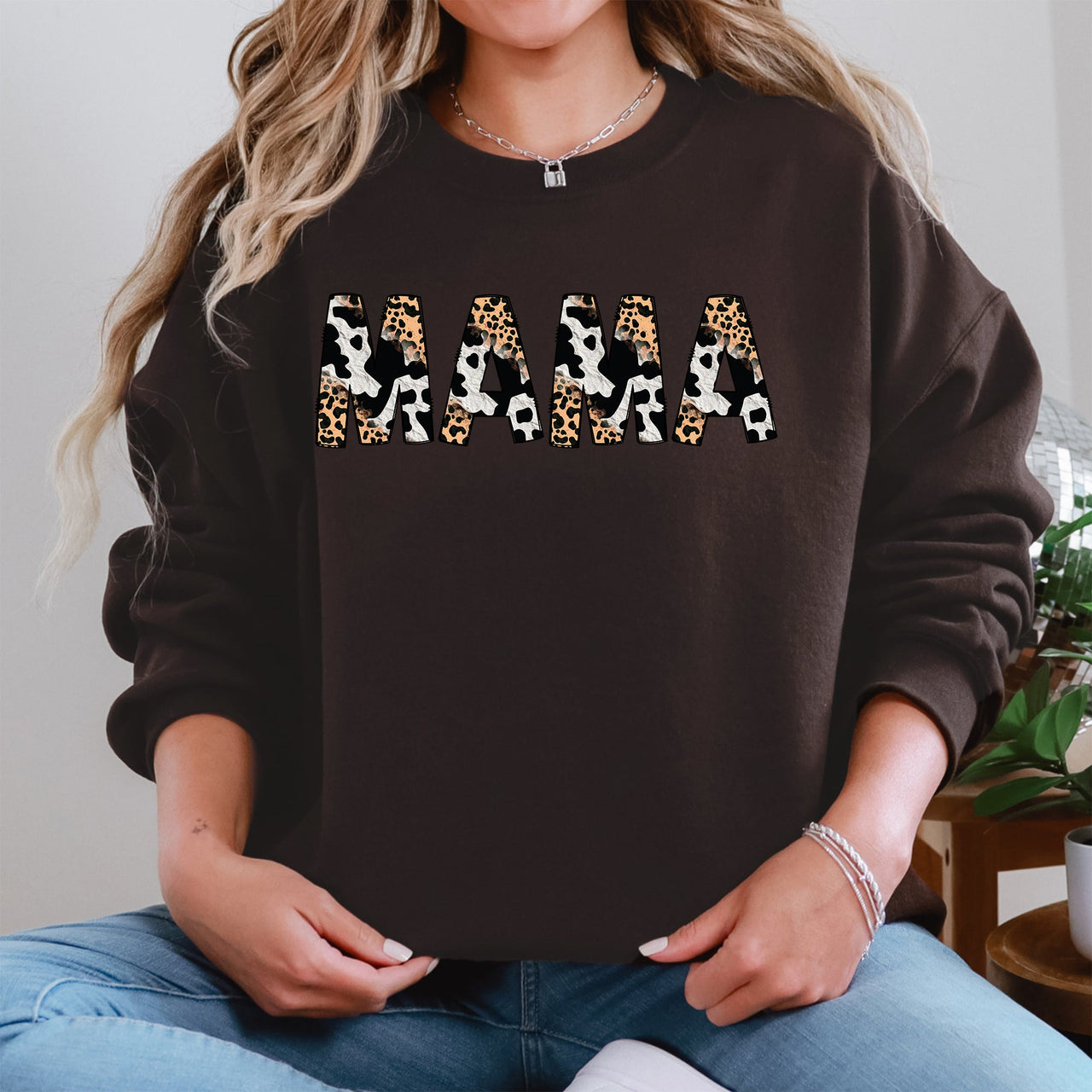 Mama Leopard Cow Print Classic Animal Print Mother's Day Cozy Soft Fleece Sweatshirt
