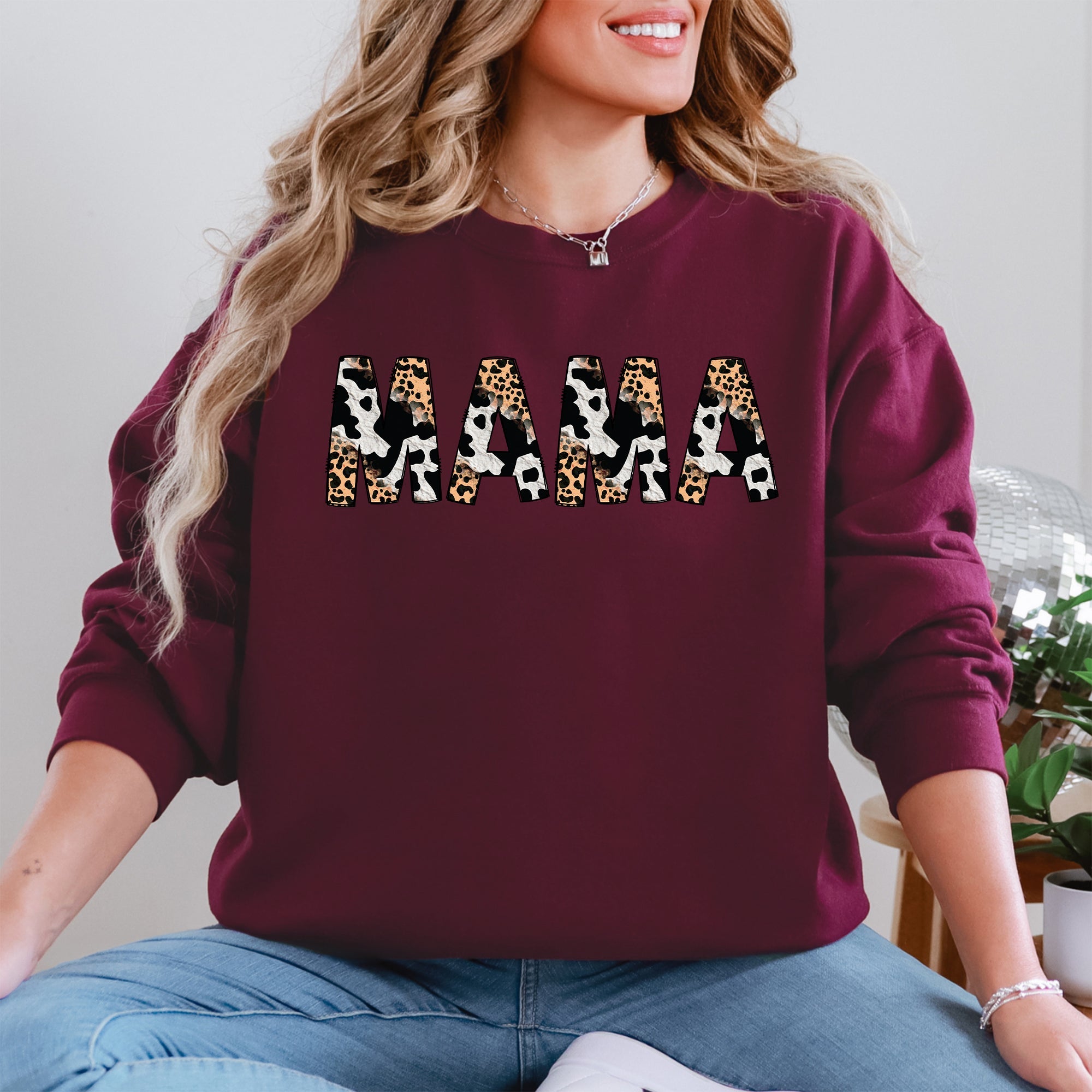 Mama Leopard Cow Print Classic Animal Print Mother's Day Cozy Soft Fleece Sweatshirt