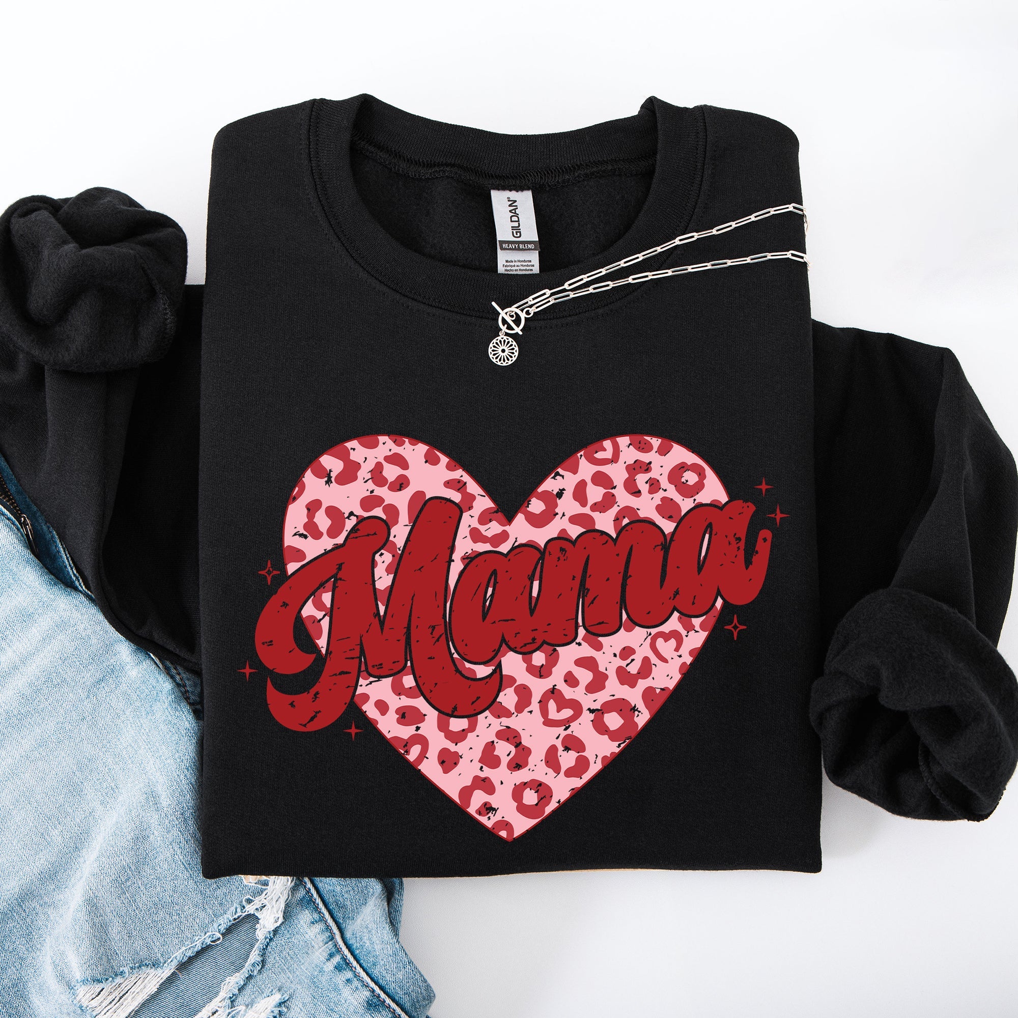 Mama Leopard Print Hearts Valentine's Day Love Pattern For Moms Cozy Fleece Sweatshirt