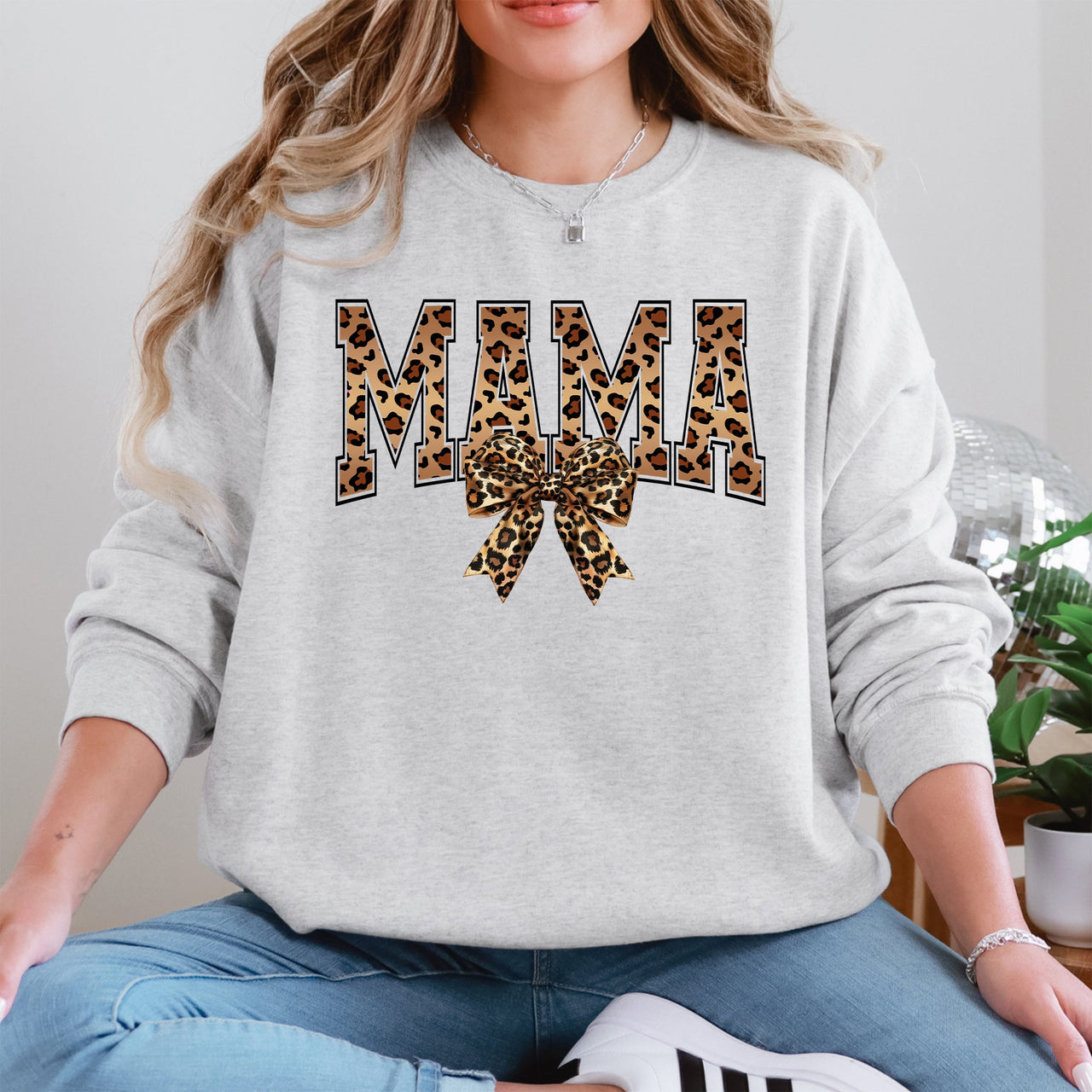 Mama Leopard Print Bow Ribbon Mother's Day Cozy Fleece Style Edition Deluxe Sweatshirt