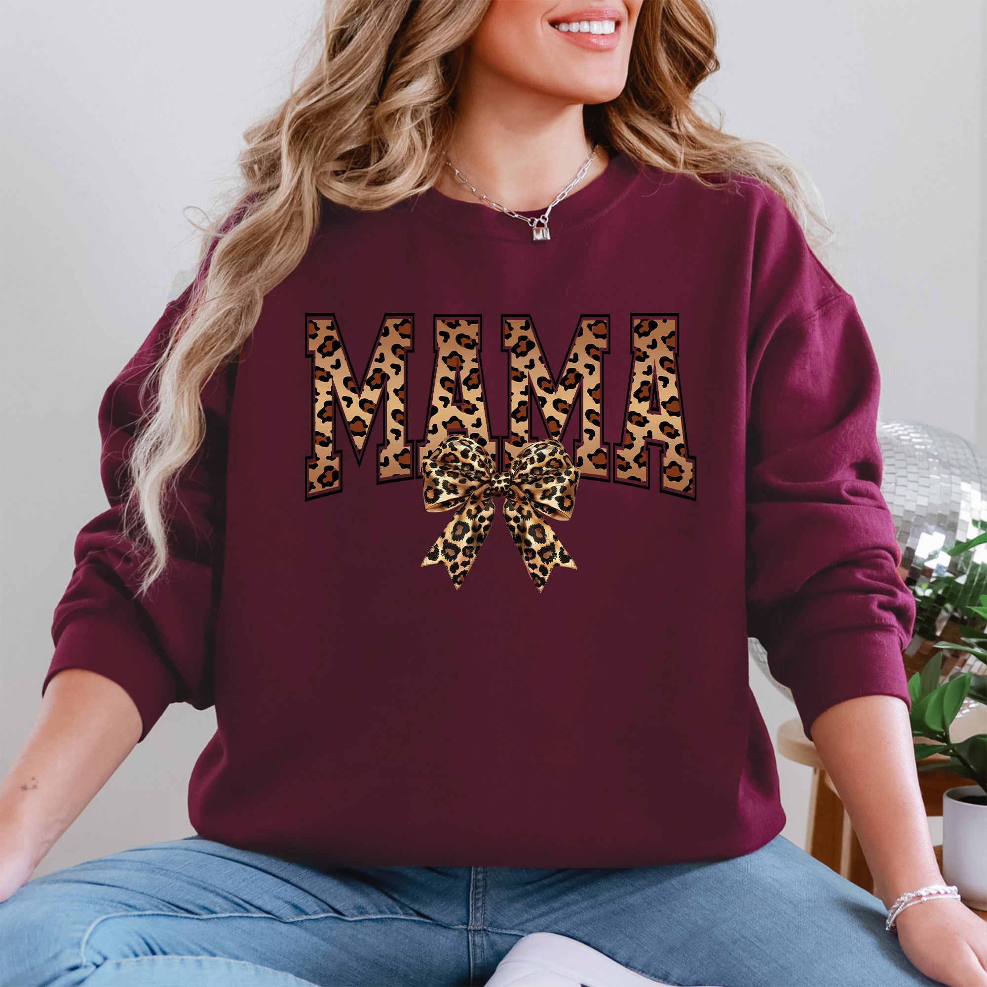 Mama Leopard Print Bow Ribbon Mother's Day Cozy Fleece Style Edition Deluxe Sweatshirt
