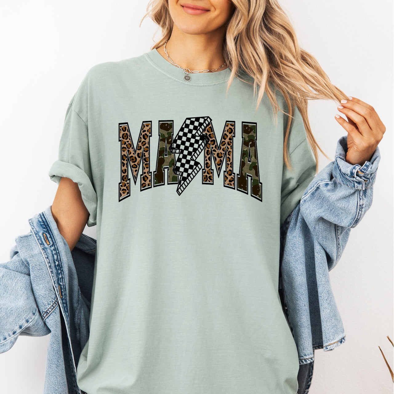 Mama Leopard Print Camo Checkered Lightning Bolt Mother's Day Comfort Colors Tee