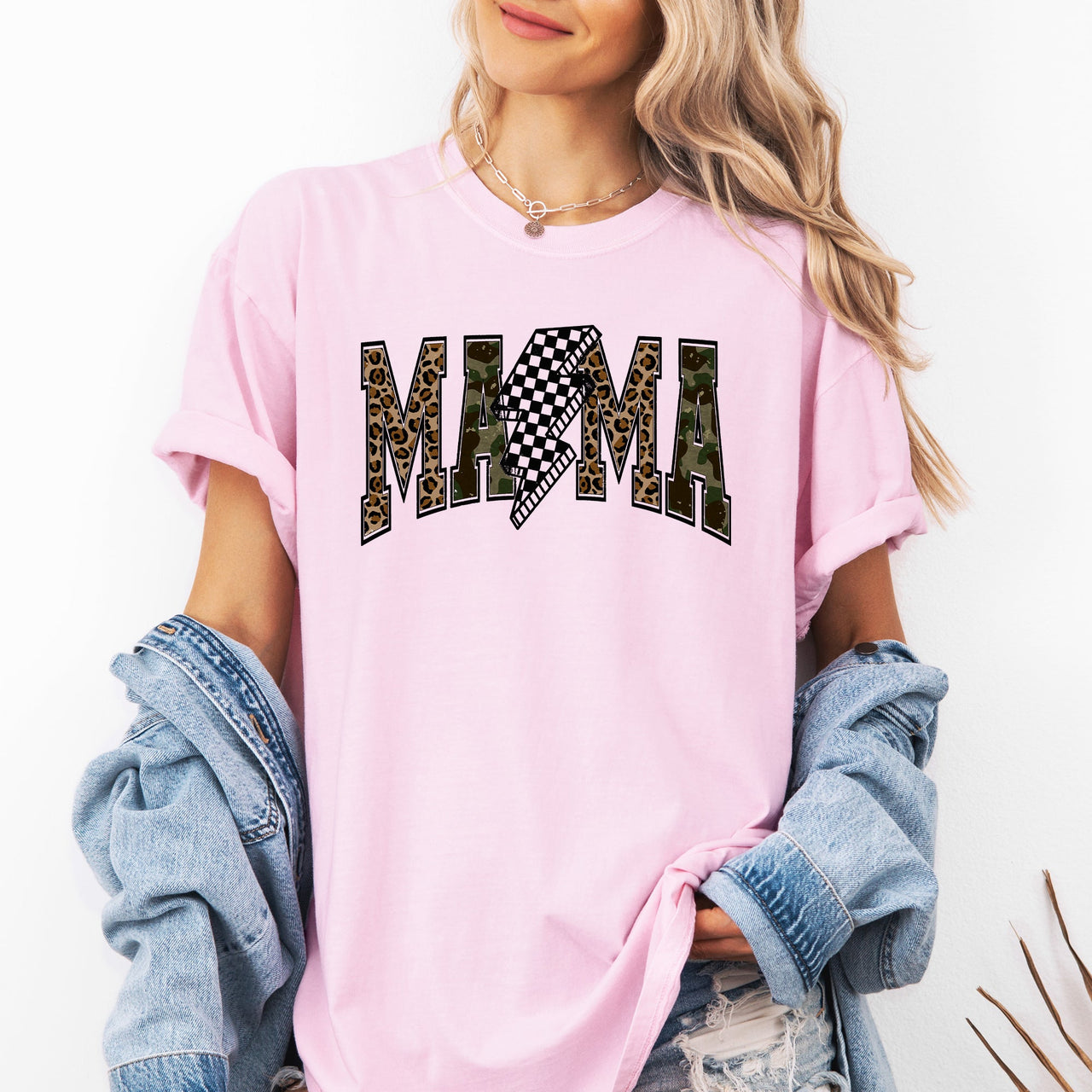 Mama Leopard Print Camo Checkered Lightning Bolt Mother's Day Comfort Colors Tee