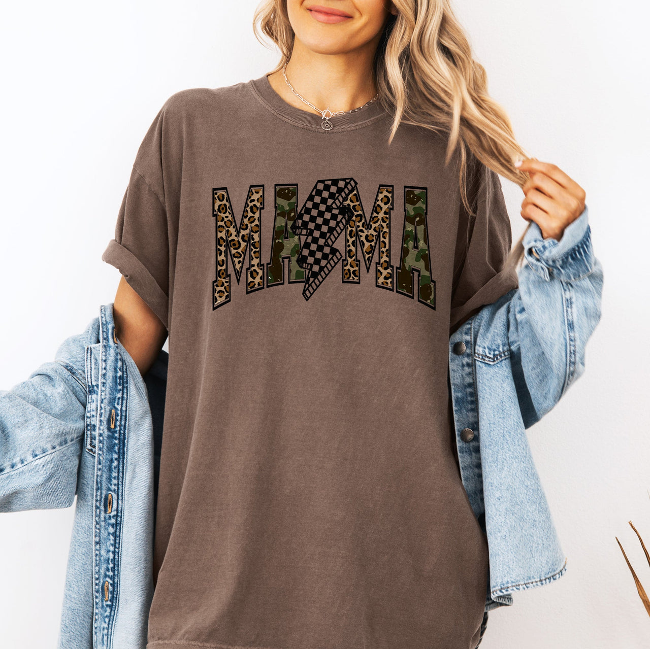 Mama Leopard Print Camo Checkered Lightning Bolt Mother's Day Comfort Colors Tee