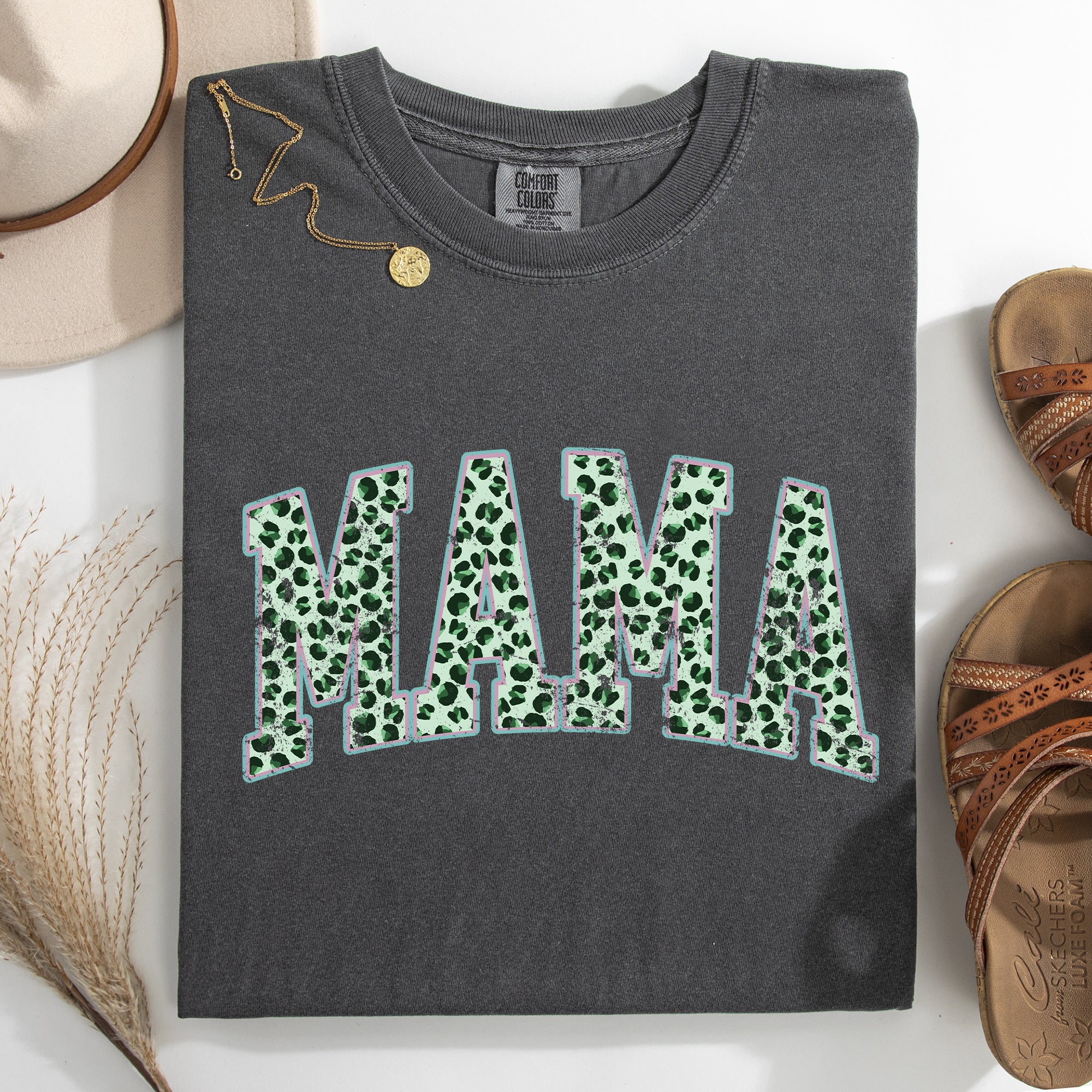 Mama Leopard Print Collegiate Leprechaun Shamrock Clover St Patrick's Day Comfort Colors Tee
