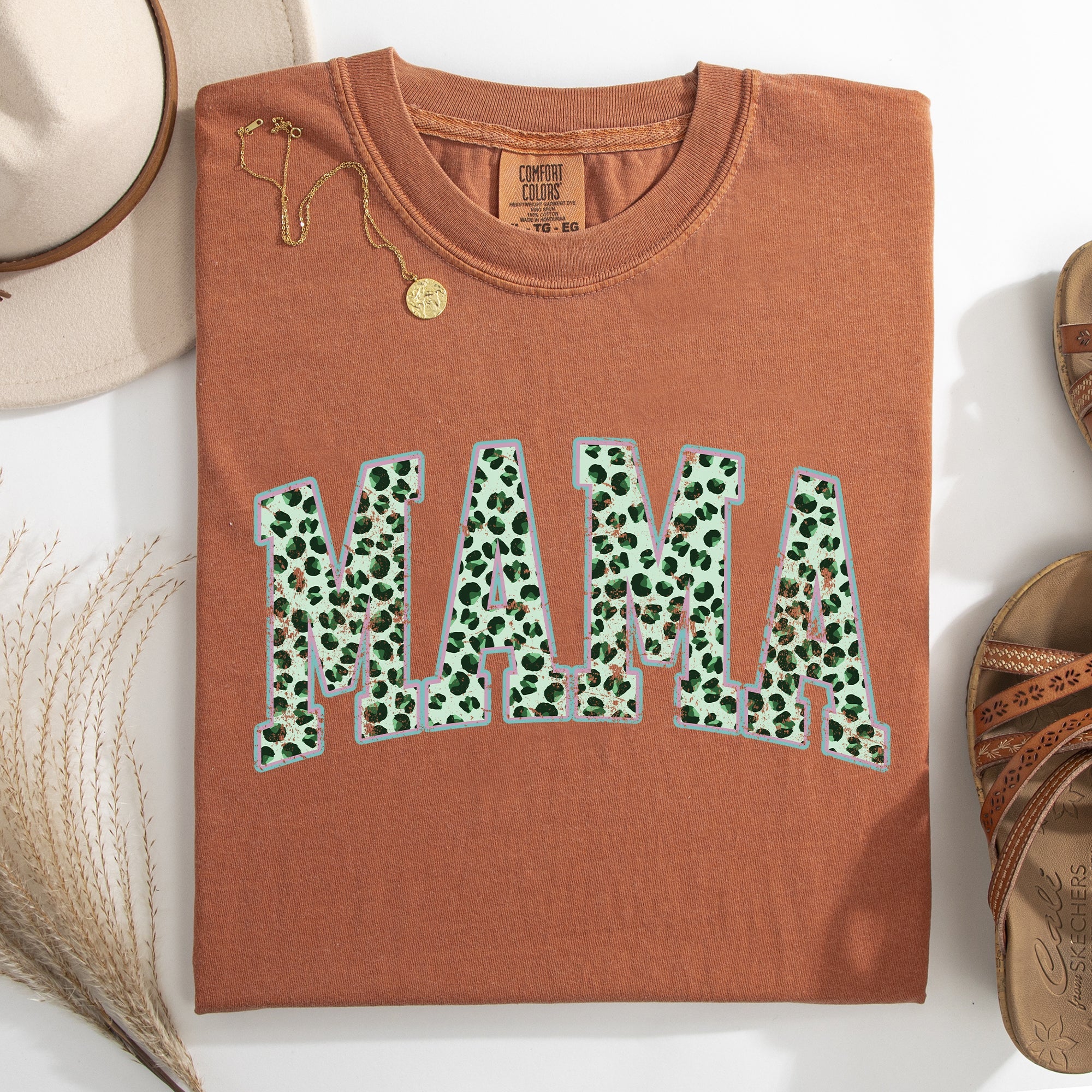 Mama Leopard Print Collegiate Leprechaun Shamrock Clover St Patrick's Day Comfort Colors Tee