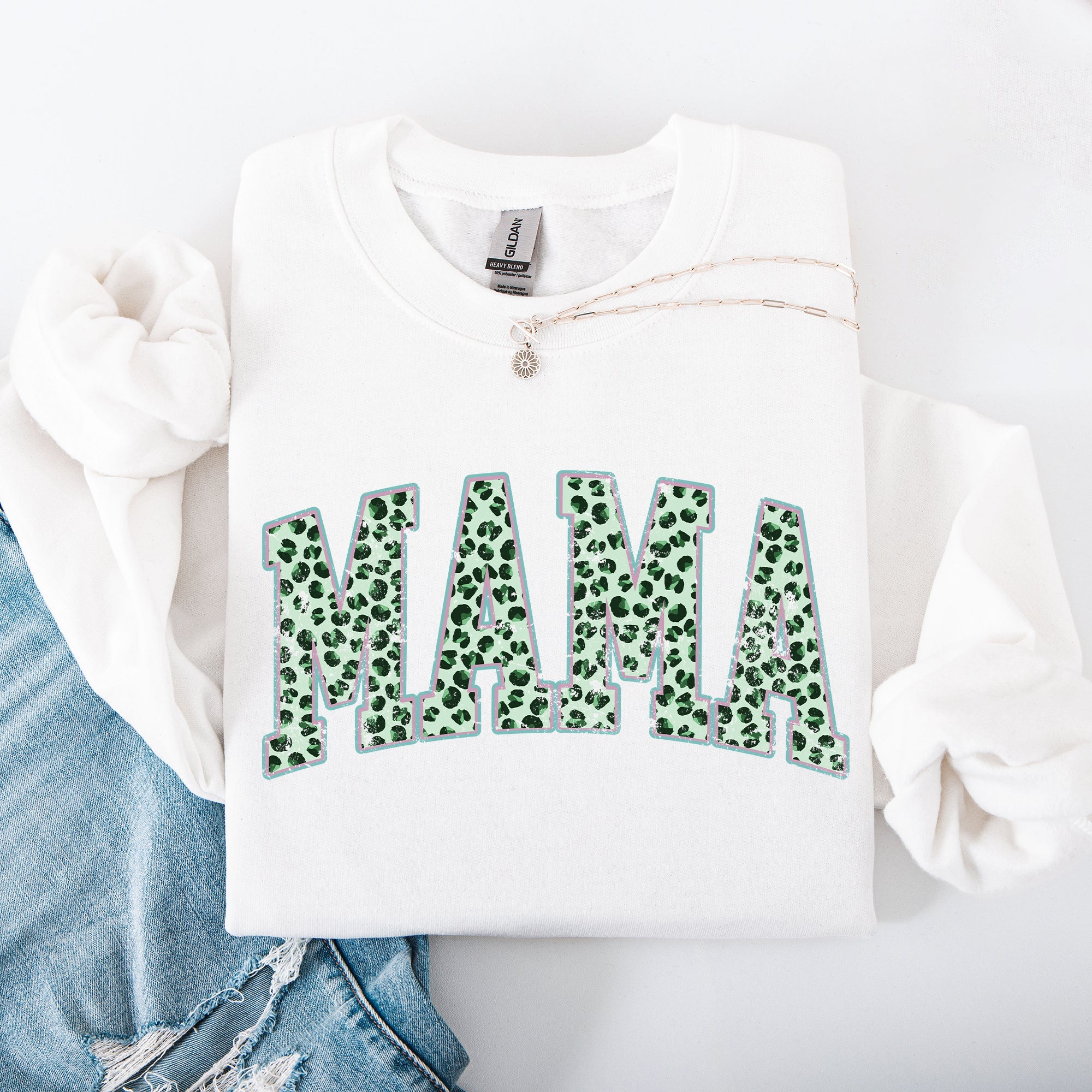 Mama Leopard Print Collegiate Varsity St Patrick's Day Shamrock Clover Lucky Leprechaun Sweatshirt