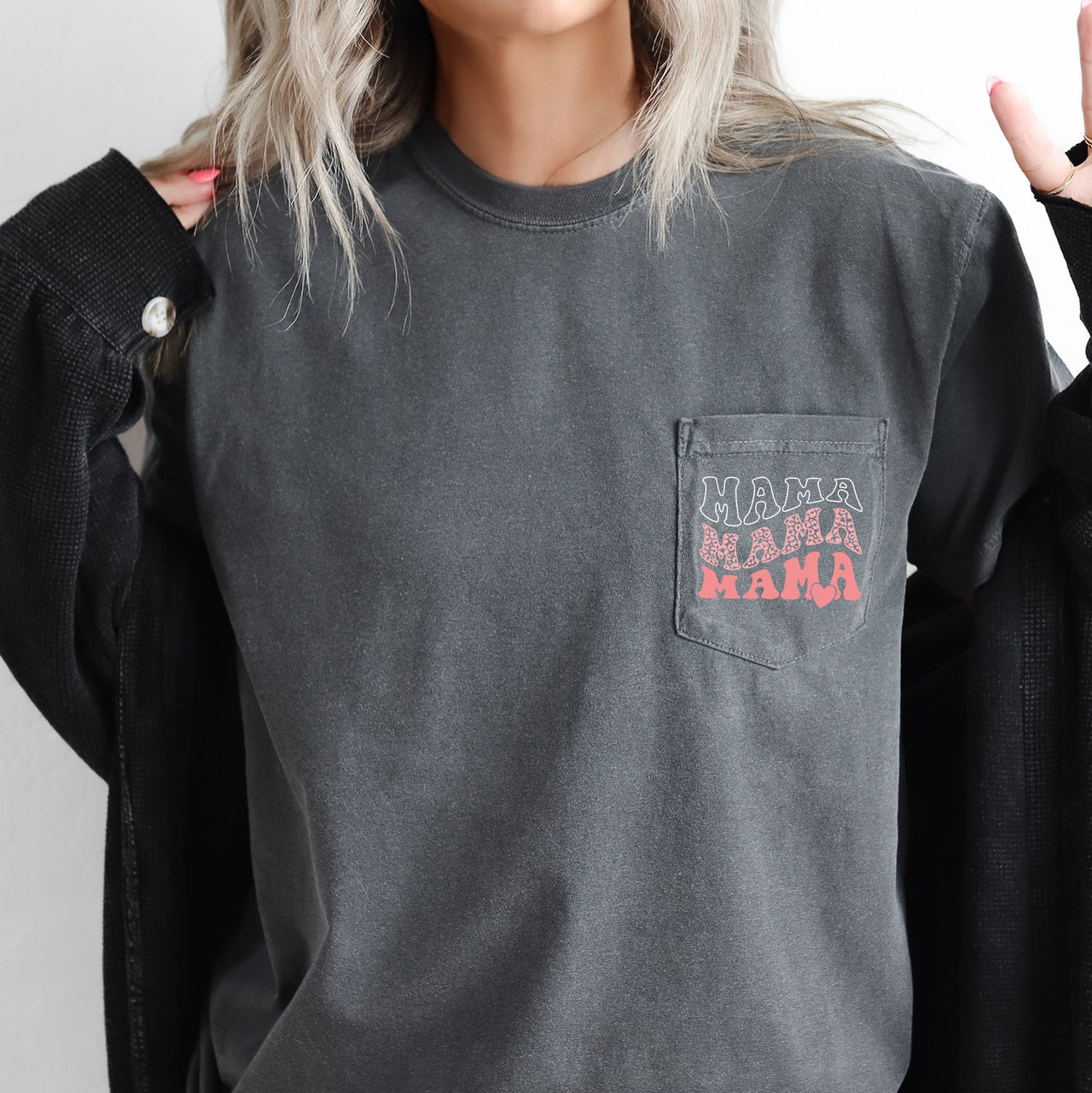 Mama, Leopard, Heart Vintage-Style Graphic With Retro Lettering And Soft Hand-Drawn Look Pocket Tee