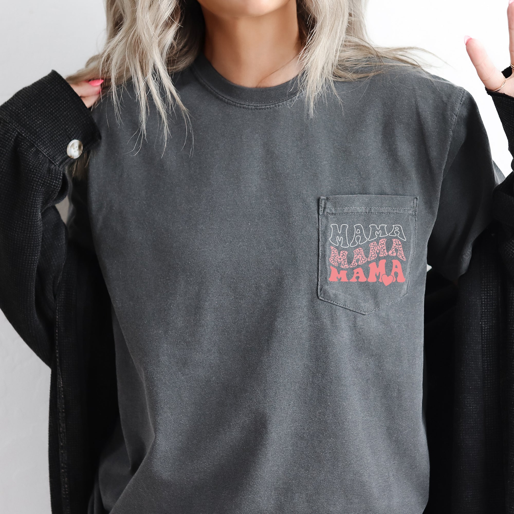 Mama, Leopard, Heart Vintage-Style Graphic With Retro Lettering And Soft Hand-Drawn Look Pocket Tee