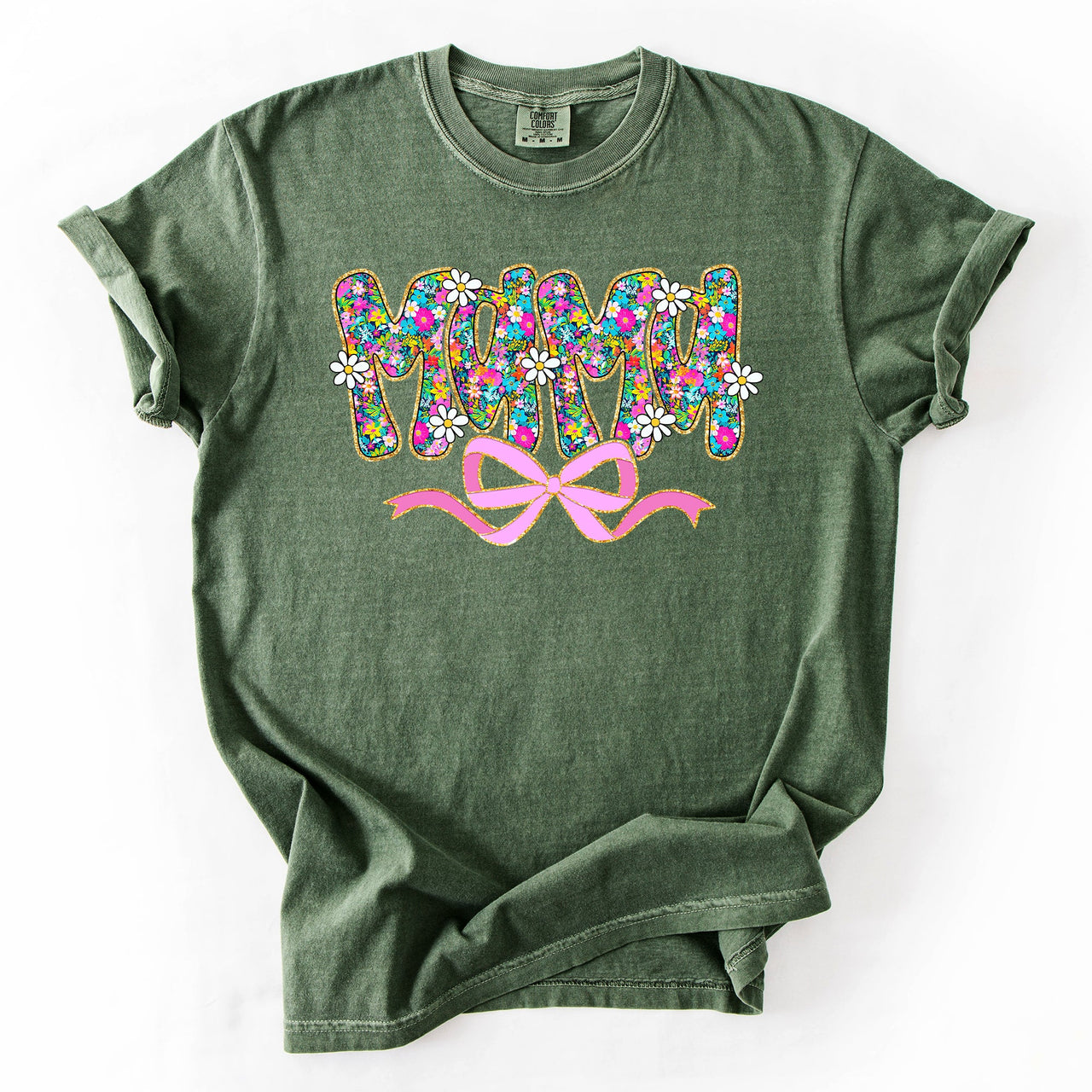 Mama Floral Ribbon Bow Mother's Day Pastel Bouquet Bright Colorful Flowers Comfort Colors Tee