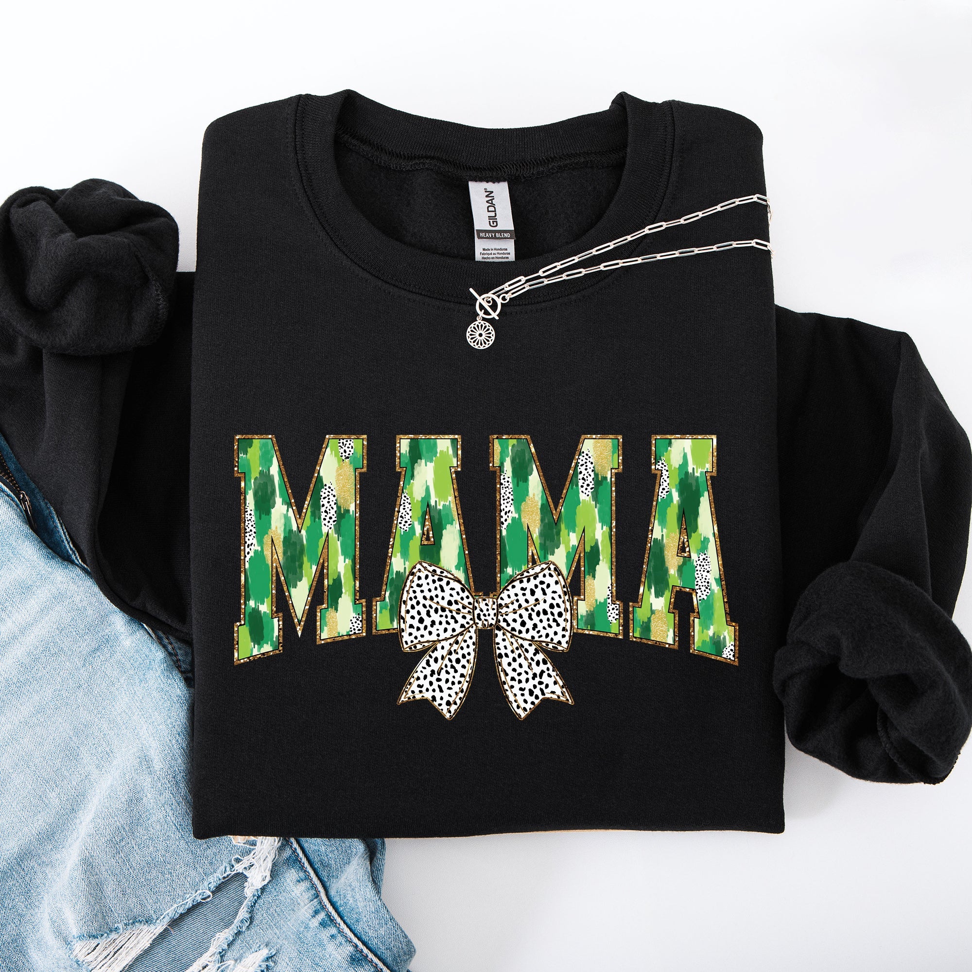 Mama Painted Dalmatian Bow St Patrick's Day Shamrock Clover Lucky Leprechaun Sweatshirt