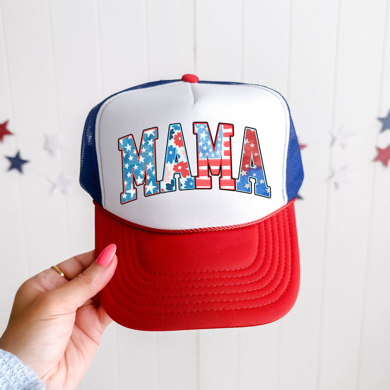 Mama Pattern Patriotic Flag Inspired Bold Lettering Vintage Style Americana Motif Snapback Trucker Hat