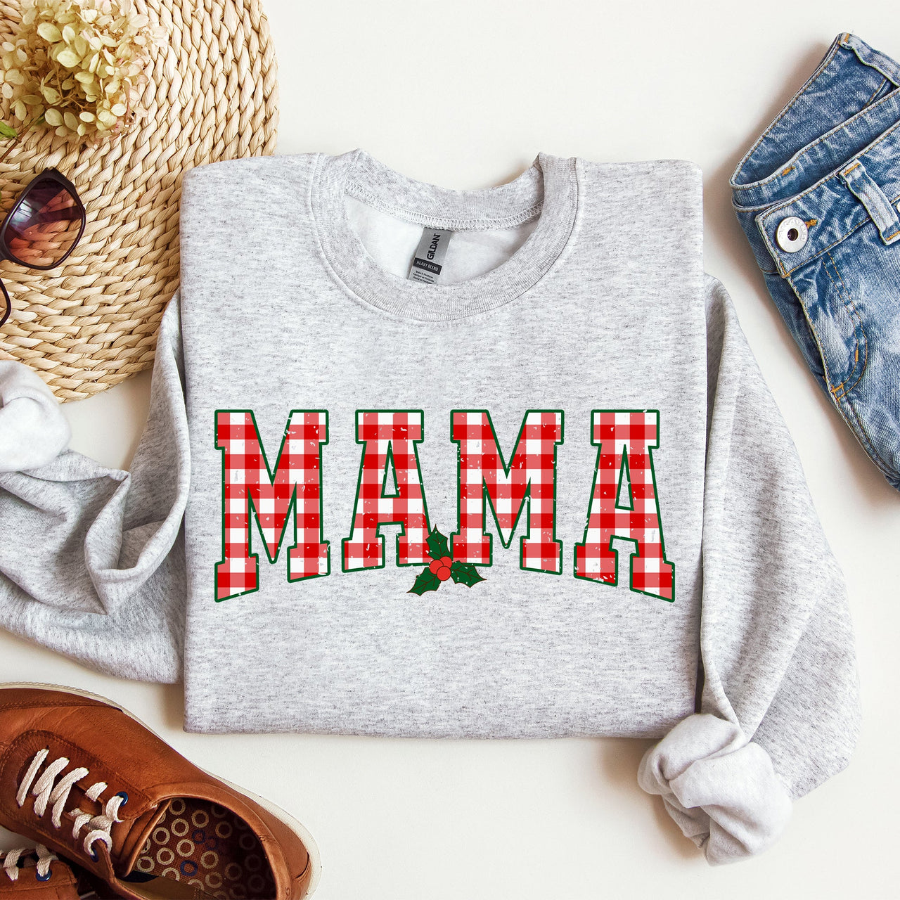 Mama Red Checkered Christmas Plaid Holly Winter Santa Xmas Festive Cozy Sweatshirt