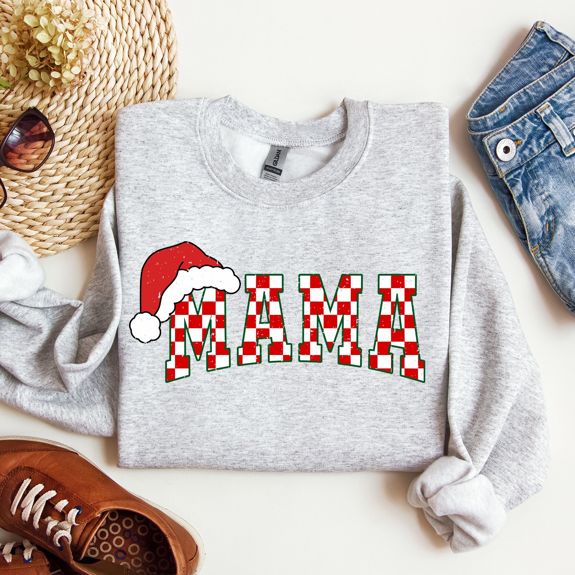 Mama Red Checkered Christmas Plaid Santa Winter Xmas Cozy Holiday Spirit Sweatshirt