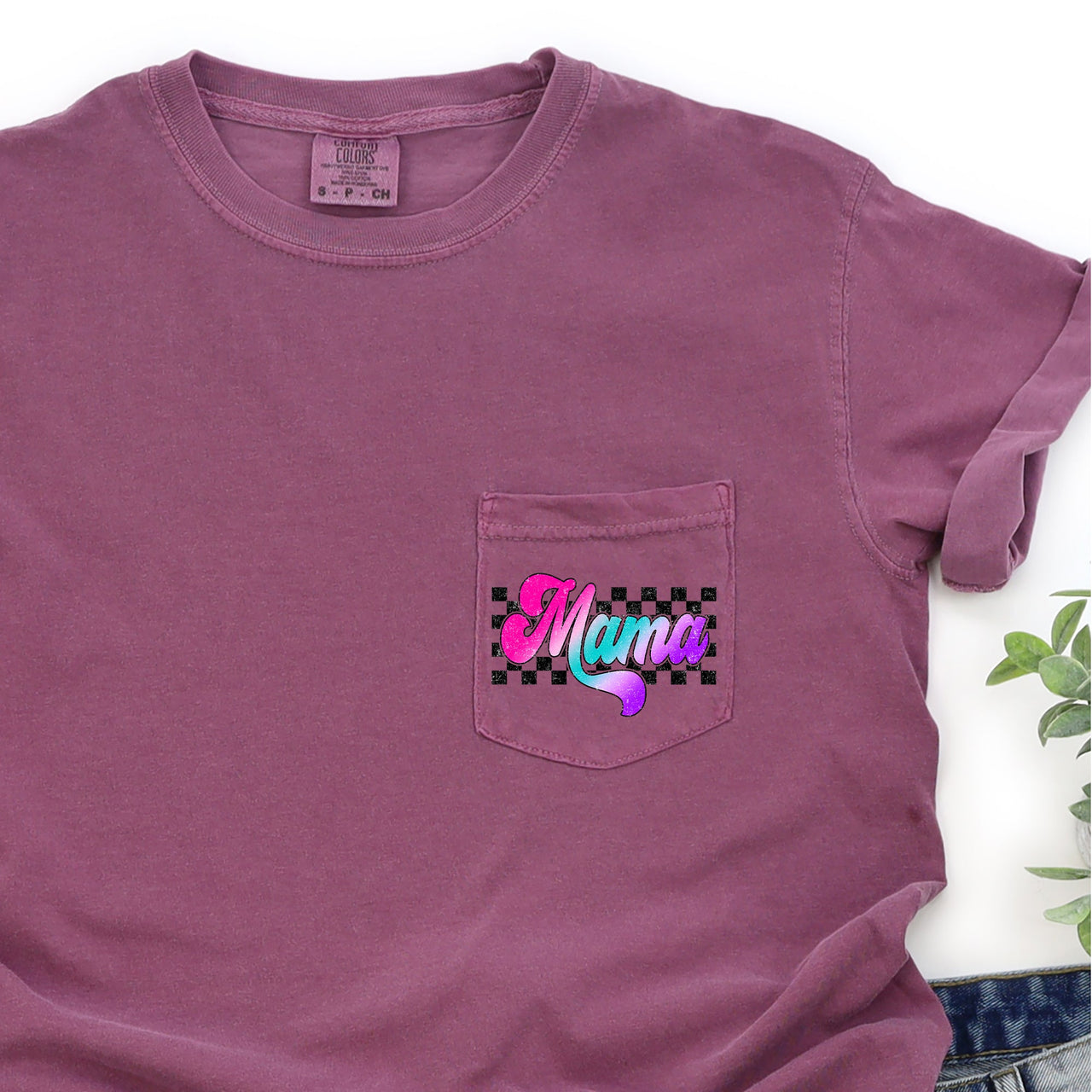 Mama Retro Checkered Lightning Bolt Colorful Ombre Pocket Graphic Comfort Colors Tee