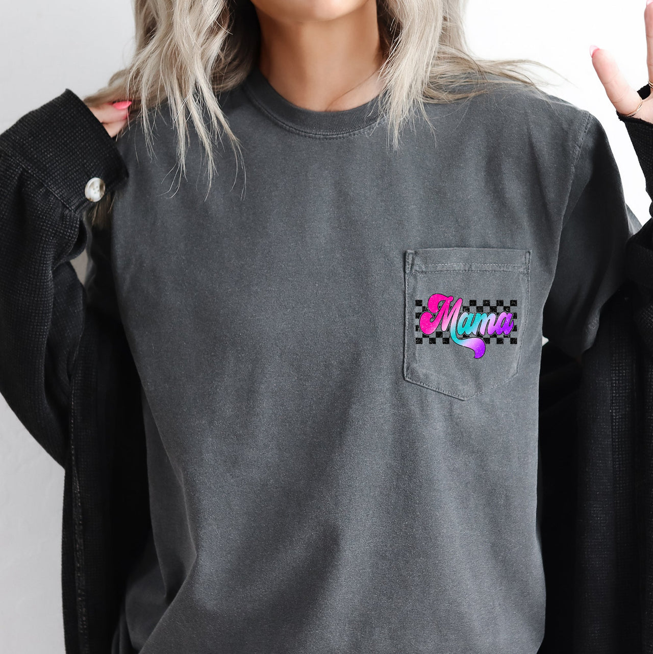 Mama Retro Checkered Lightning Bolt Colorful Ombre Pocket Graphic Comfort Colors Tee