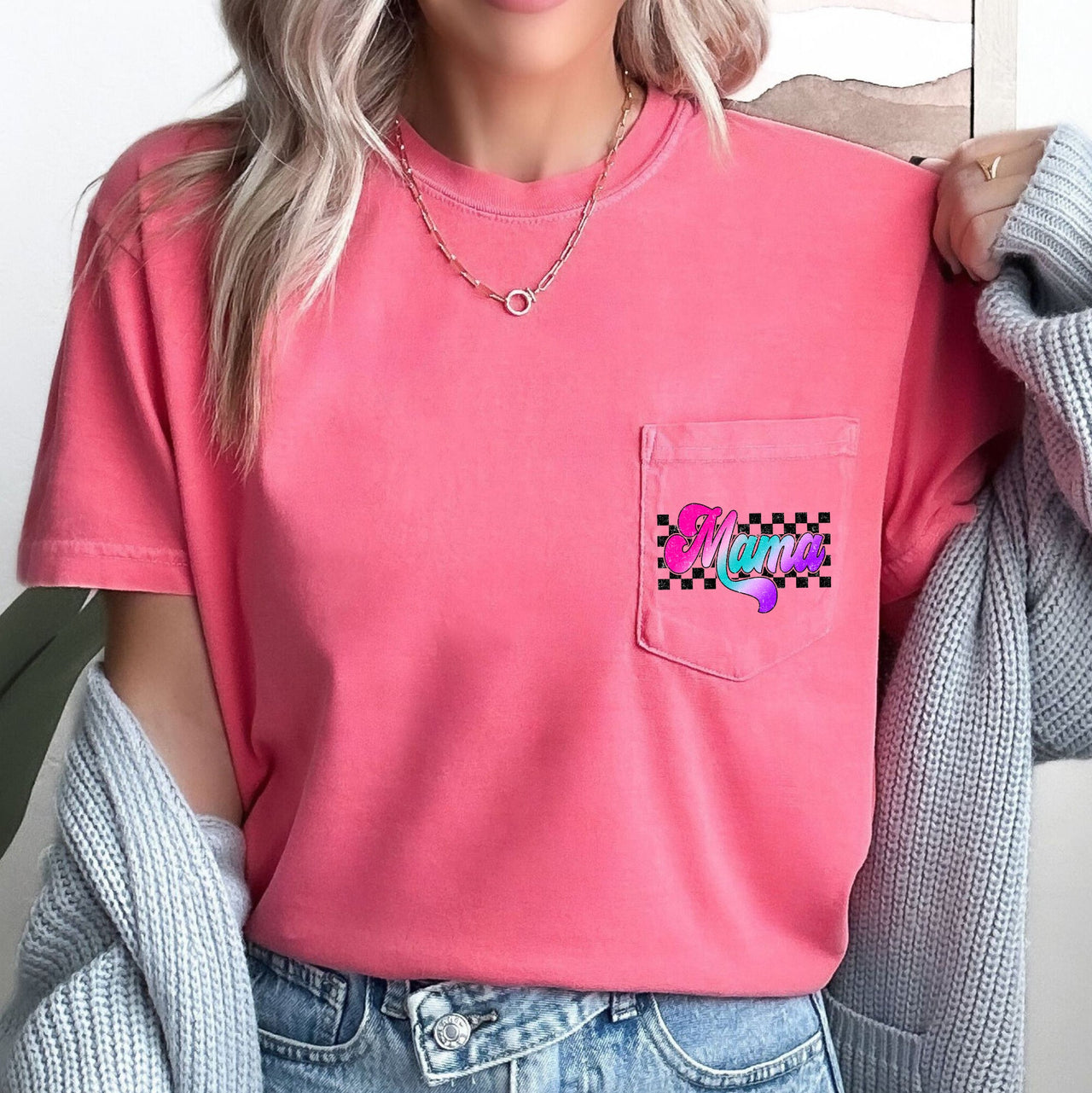 Mama Retro Checkered Lightning Bolt Colorful Ombre Pocket Graphic Comfort Colors Tee