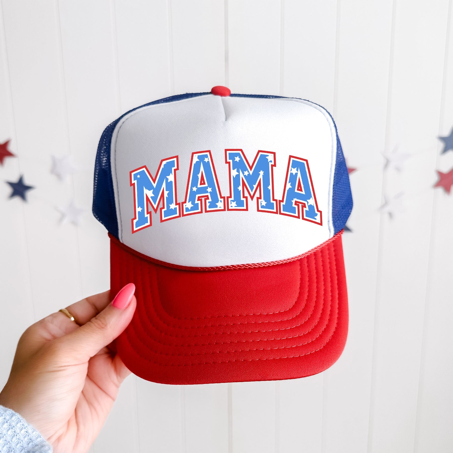 Mama, Stars, Patriotic Americana Theme Celebrating Independence Day And Proud Patriot Spirit Trucker Hat