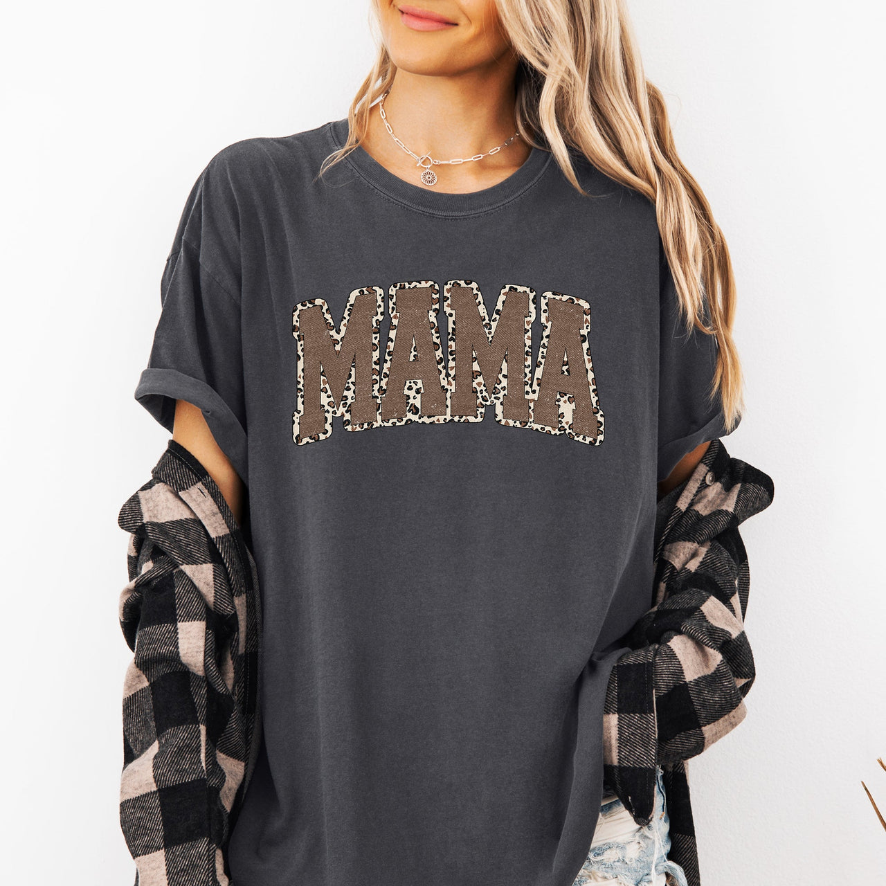 Mama Textured Leopard Print Retro Varsity Style Mother's Day Graphic Comfort Colors Tee