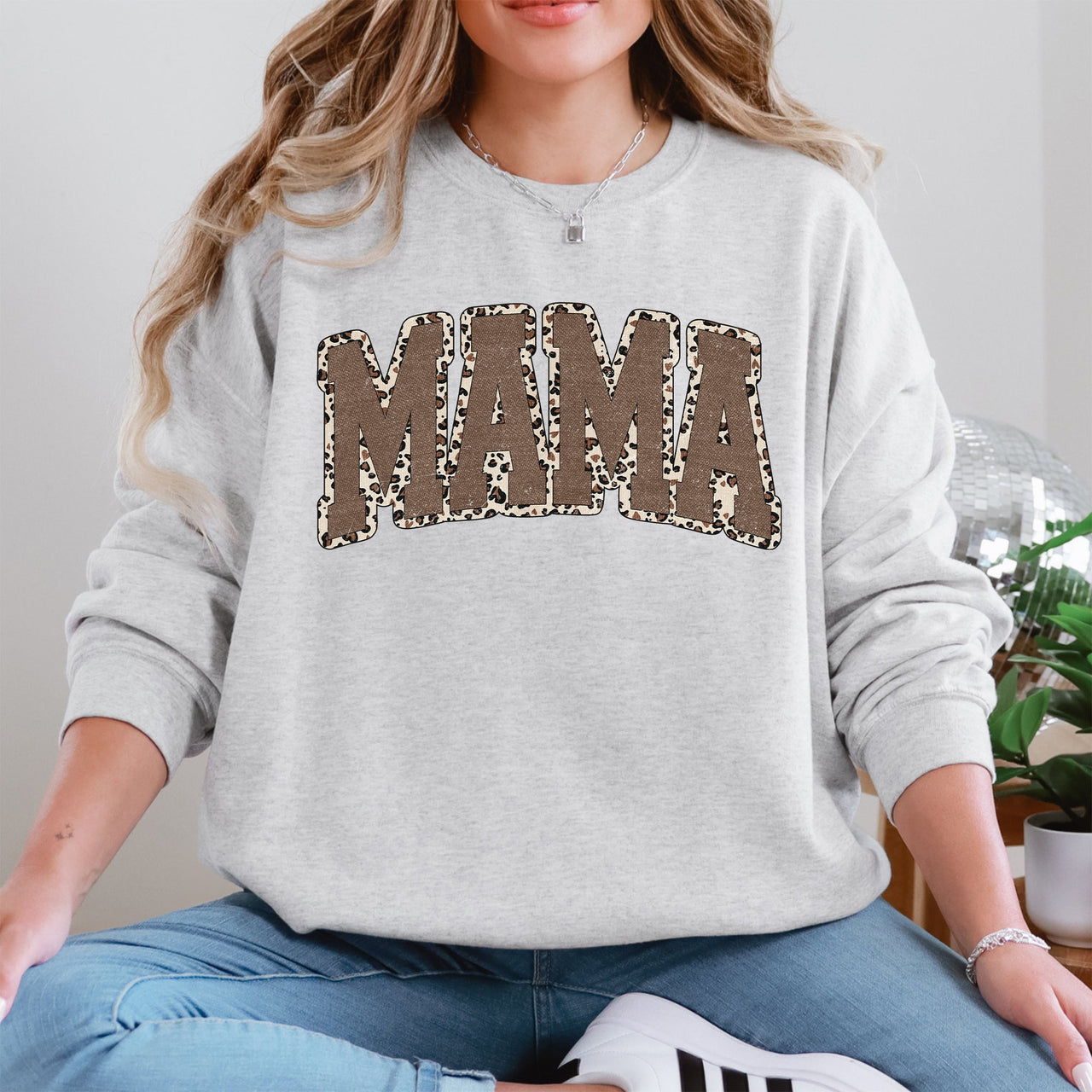 Mama Textured Leopard Print Mother's Day Retro Varsity Cozy Casual Classic Sweatshirt
