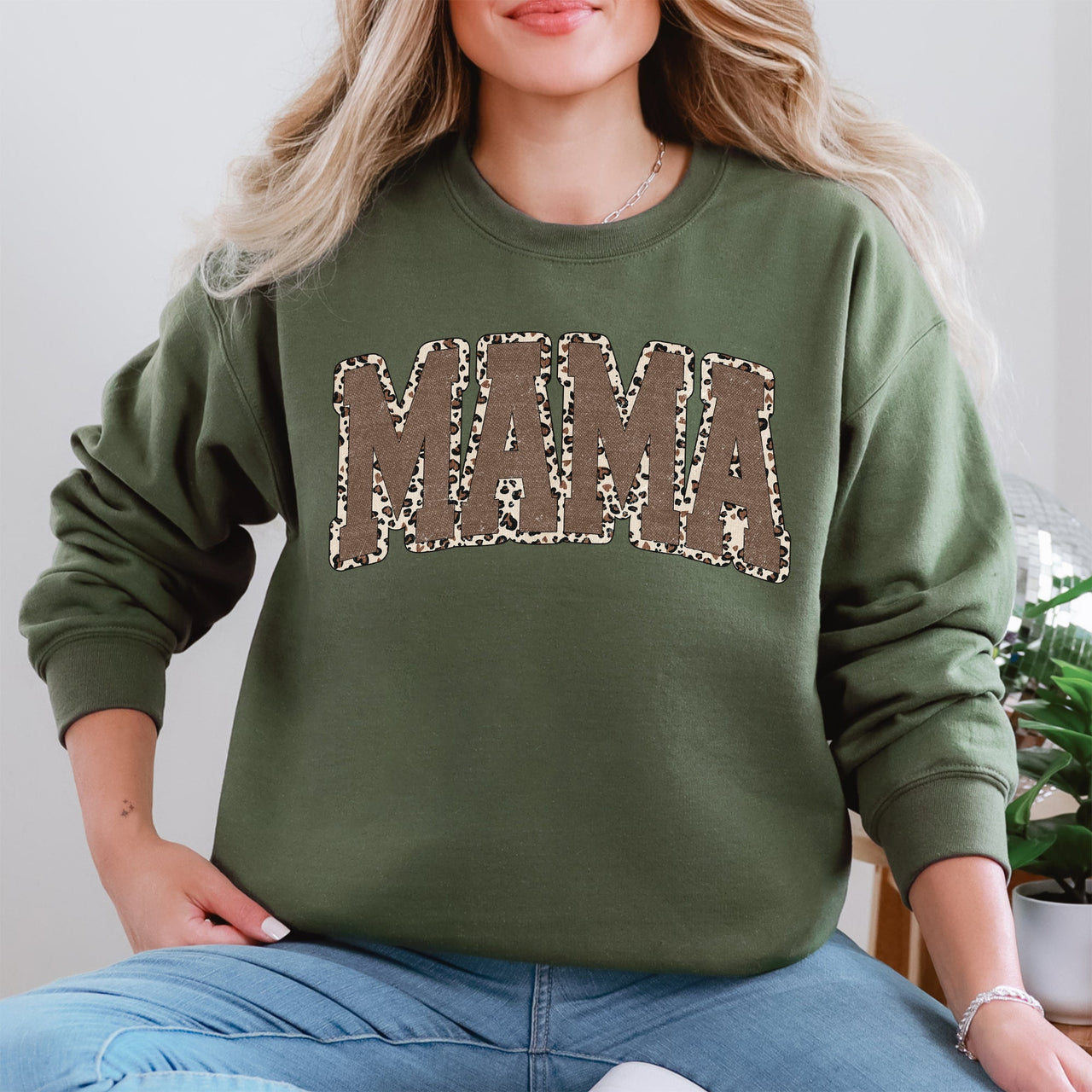 Mama Textured Leopard Print Mother's Day Retro Varsity Cozy Casual Classic Sweatshirt