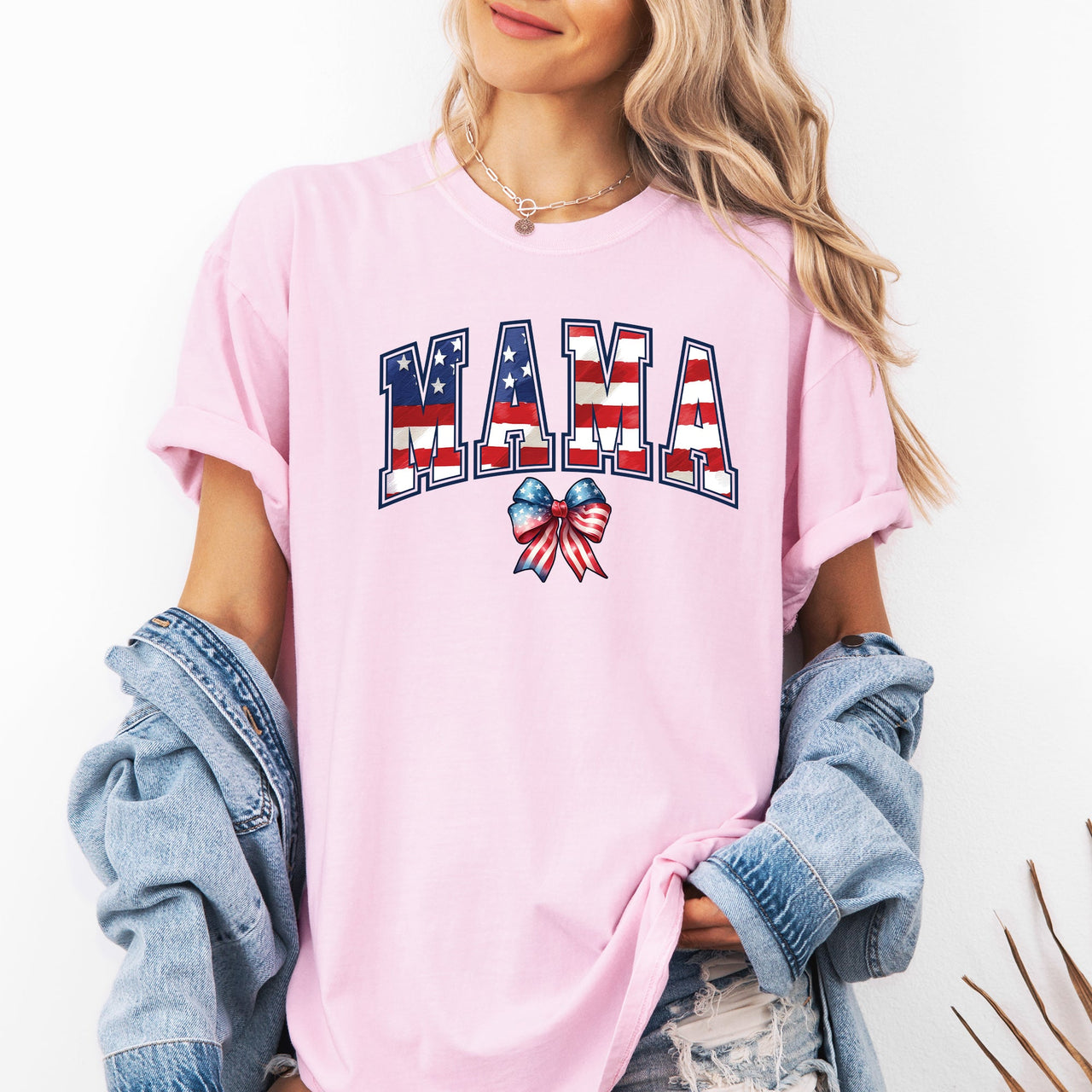 Mama USA Flag Patriotic Varsity Bow Ribbon America 4th Of July Comfort Colors Tee