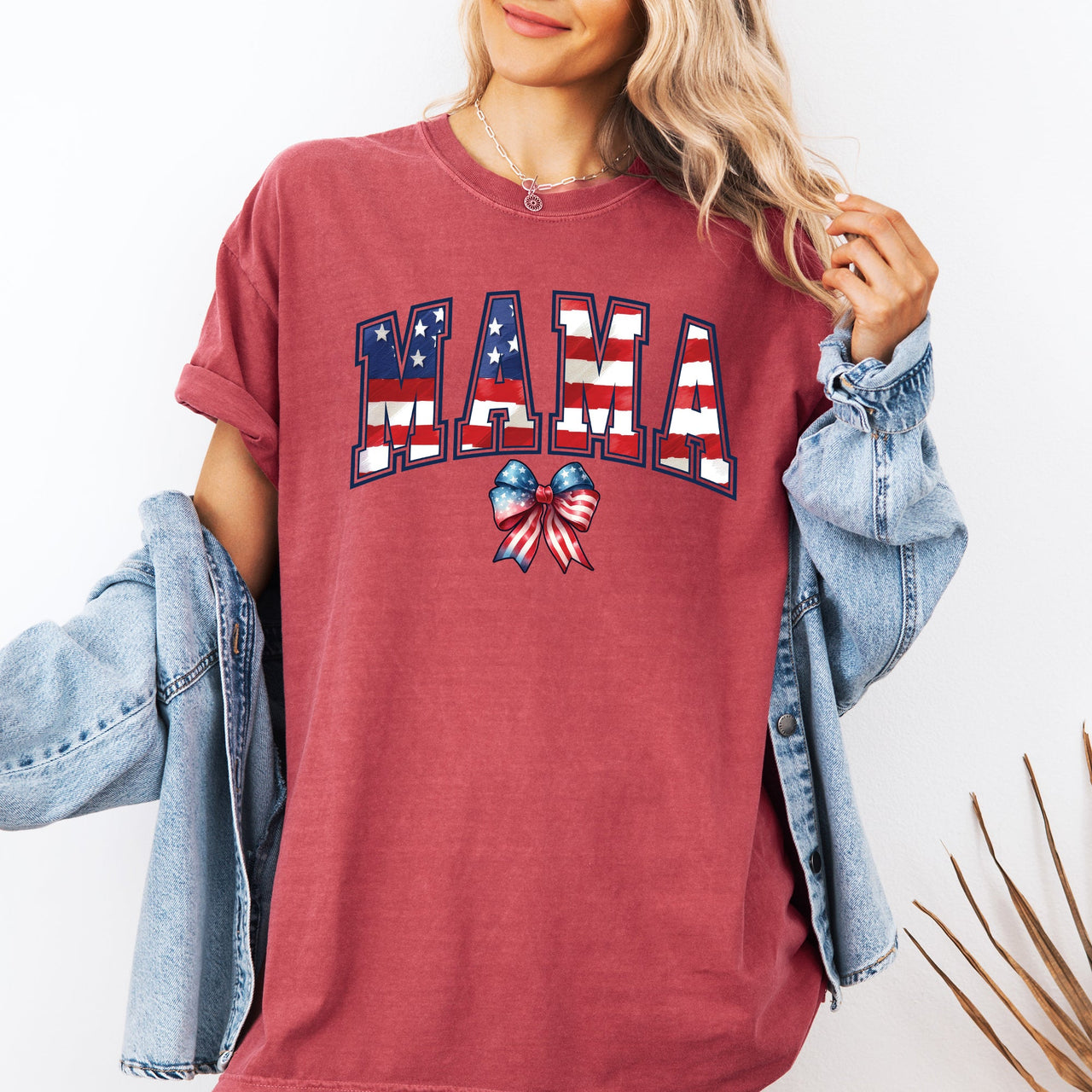 Mama USA Flag Patriotic Varsity Bow Ribbon America 4th Of July Comfort Colors Tee
