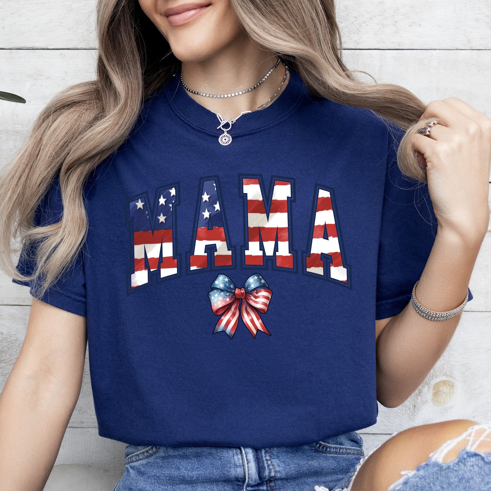 Mama USA Flag Patriotic Varsity Bow Ribbon America 4th Of July Comfort Colors Tee
