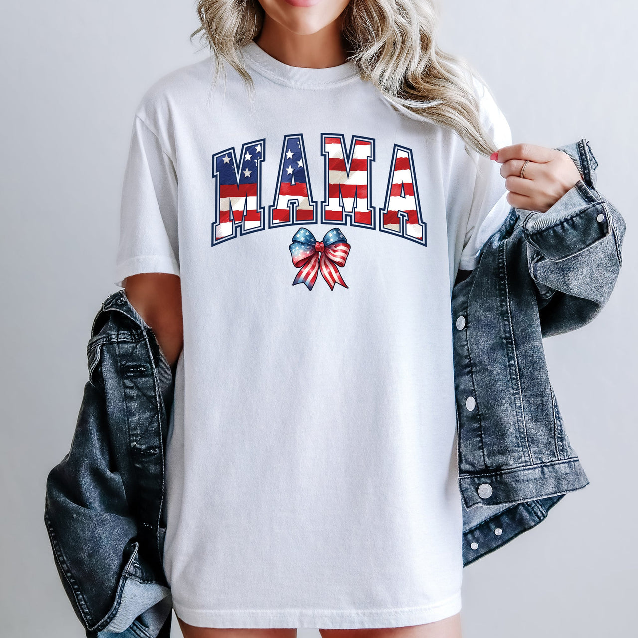 Mama USA Flag Patriotic Varsity Bow Ribbon America 4th Of July Comfort Colors Tee
