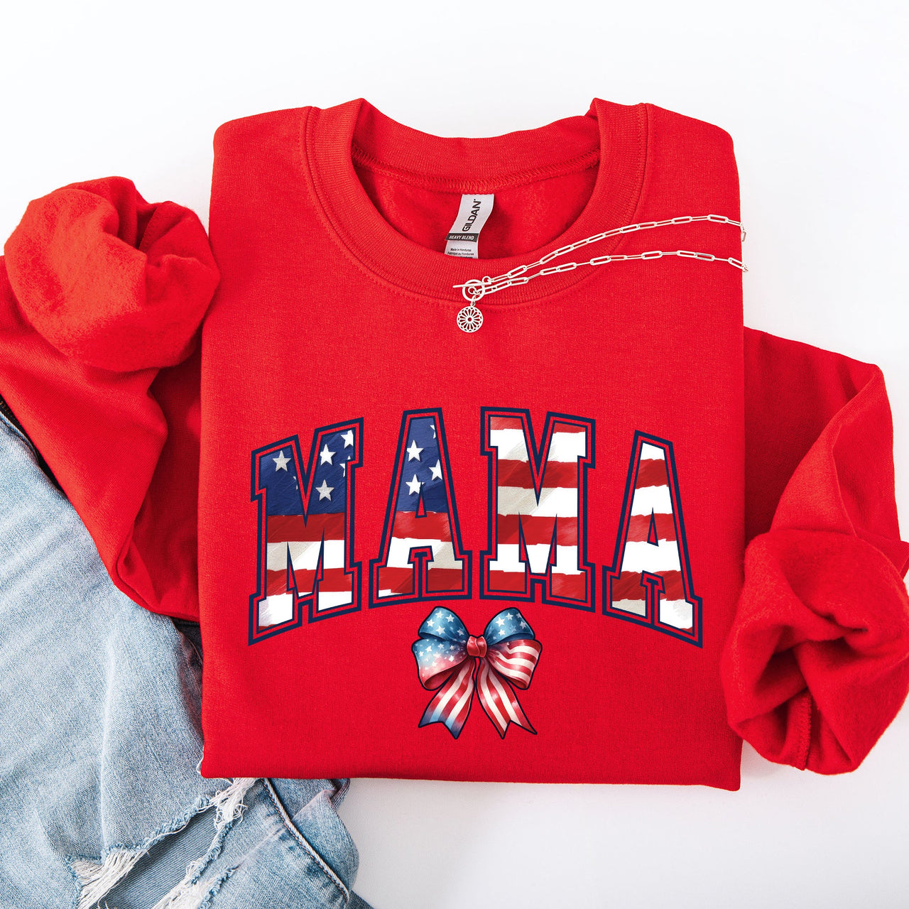 Mama USA Flag Patriotic Varsity Bow Ribbon America 4th Of July Americana Pride Sweatshirt