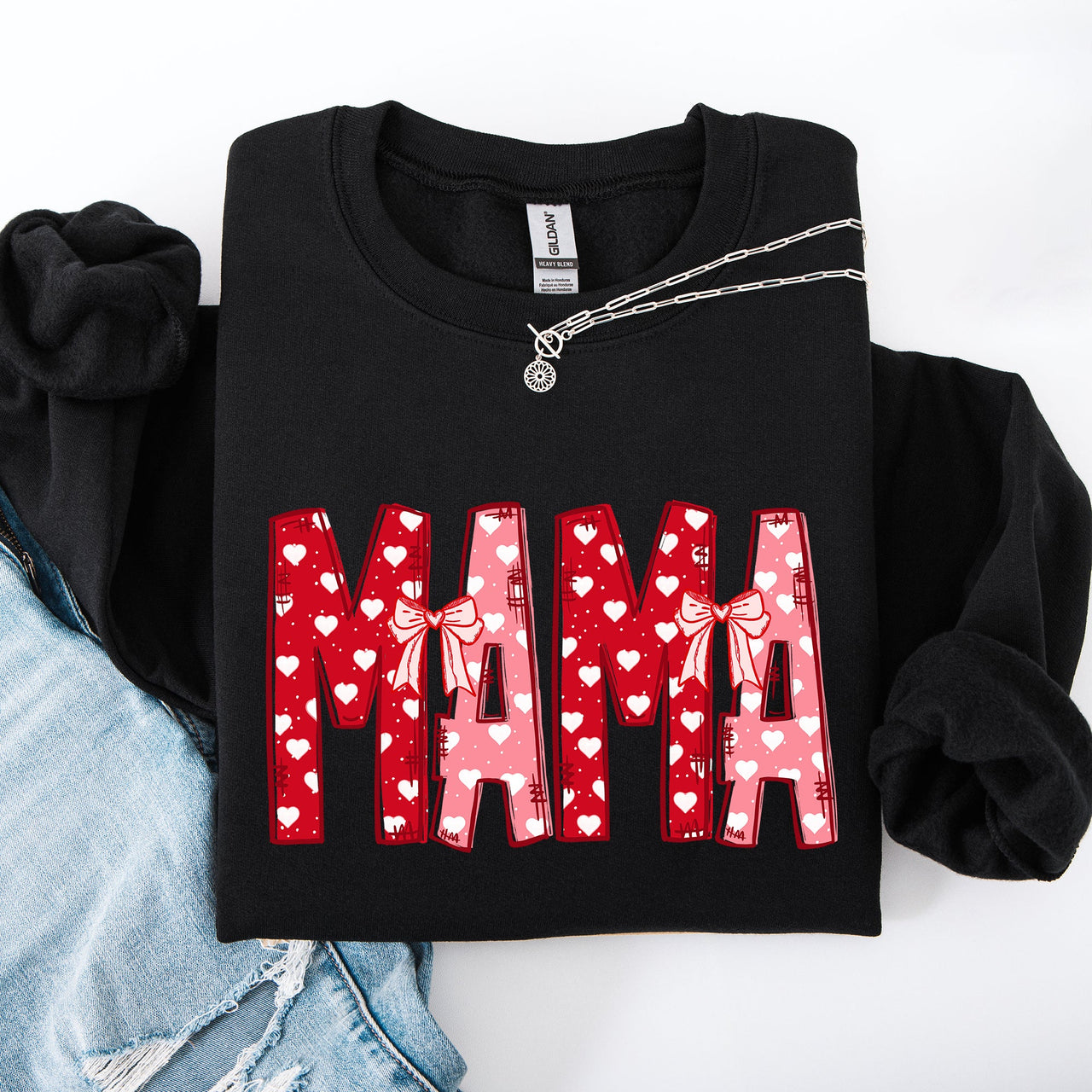 Mama Valentine's Day Ribbons Hearts Love Cozy Elegant Classic Fit Statement Sweatshirt