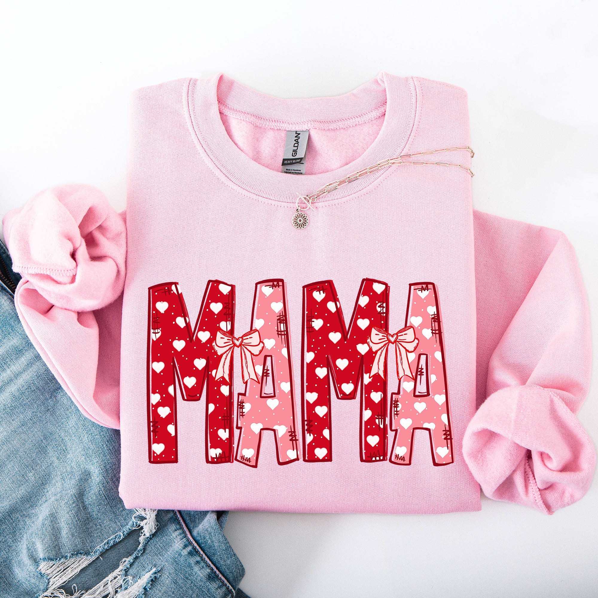 Mama Valentine's Day Ribbons Hearts Love Cozy Elegant Classic Fit Statement Sweatshirt