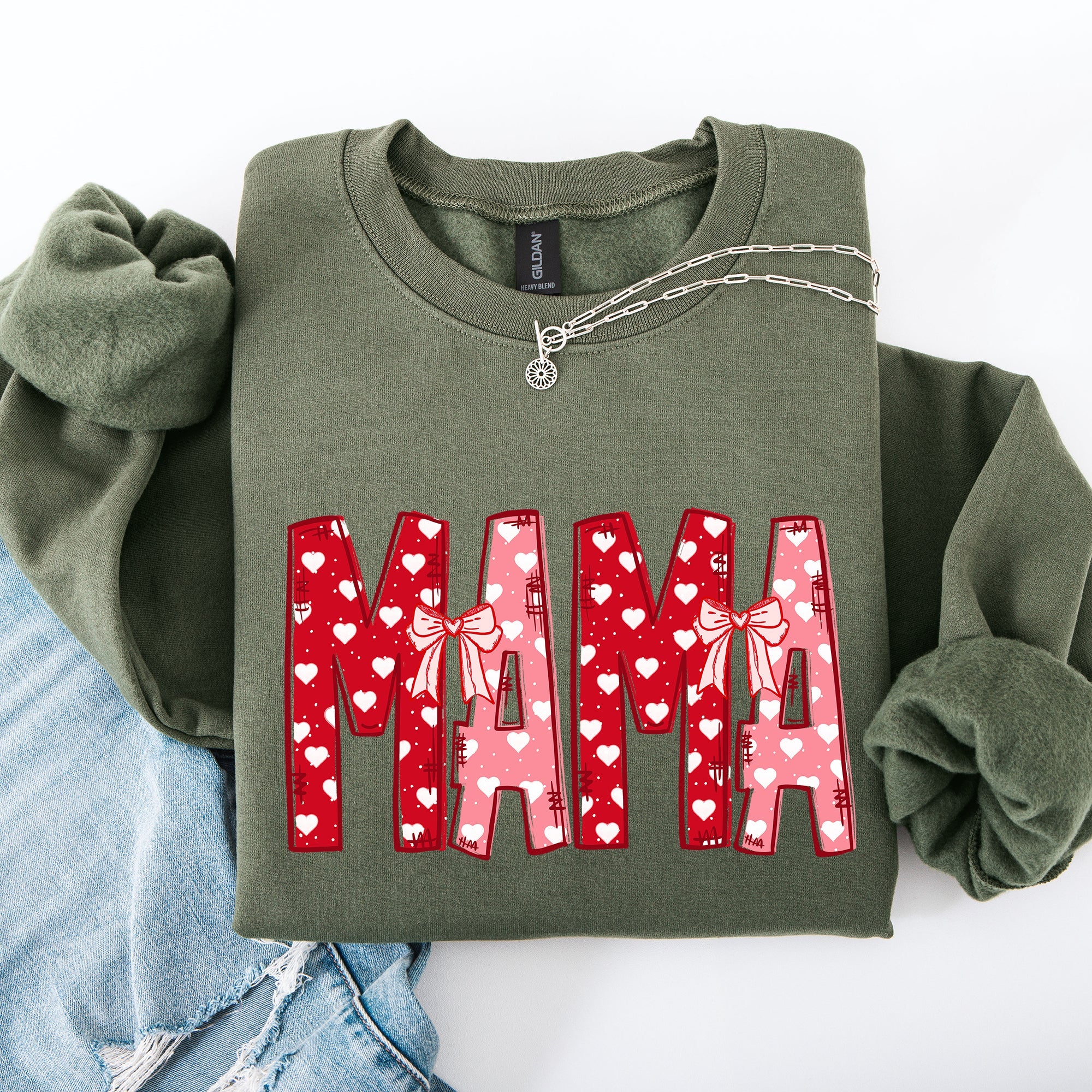Mama Valentine's Day Ribbons Hearts Love Cozy Elegant Classic Fit Statement Sweatshirt