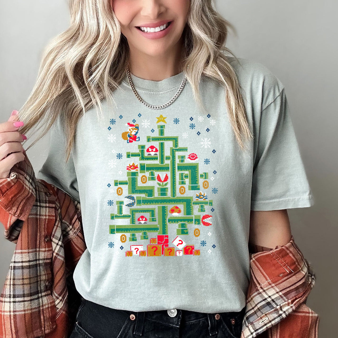 Mario Christmas Retro Classic Video Game Super Pixel Art Nostalgia Edition Comfort Colors Tee
