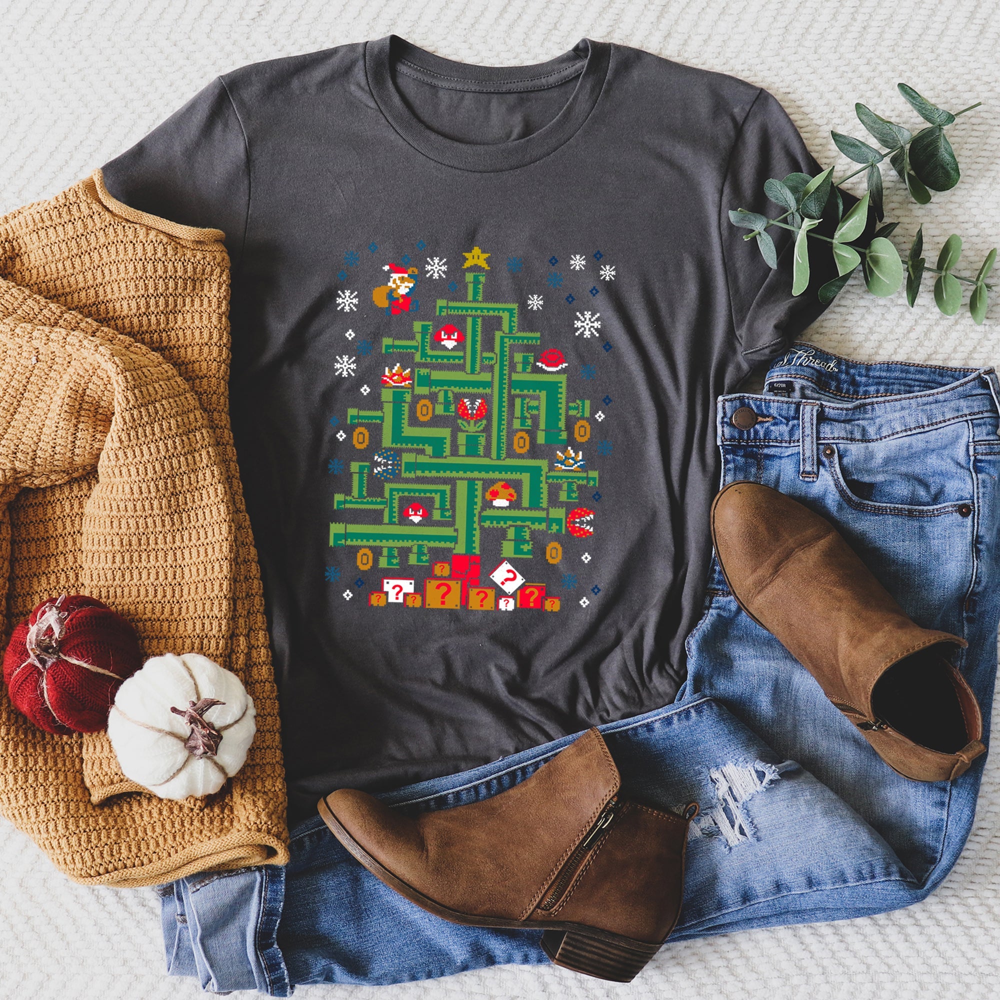 Mario Christmas Retro Classic Video Game Pop Culture Icon Nostalgic Pixel Art Graphic Tee