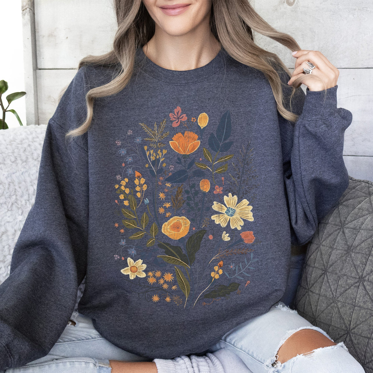 Meadow Magic Soft Floral Print Delicate Blossoms On Cozy Knit Vintage Inspired Everyday Wear Sweatshirt