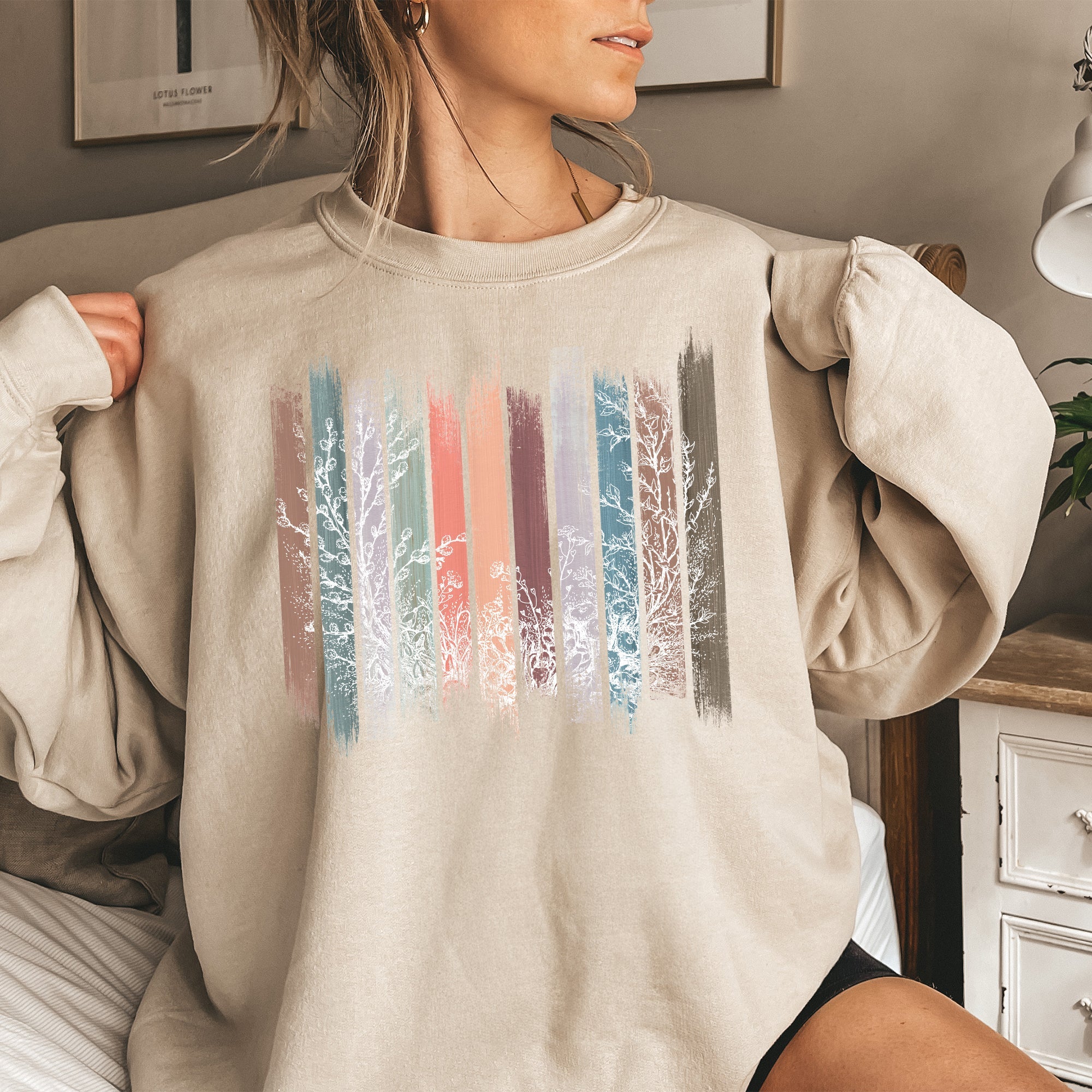 Meadow Vines And Flowers In Nature Botanical Stripes Garden Meadow Bloom Pastoral Scene Sweatshirt