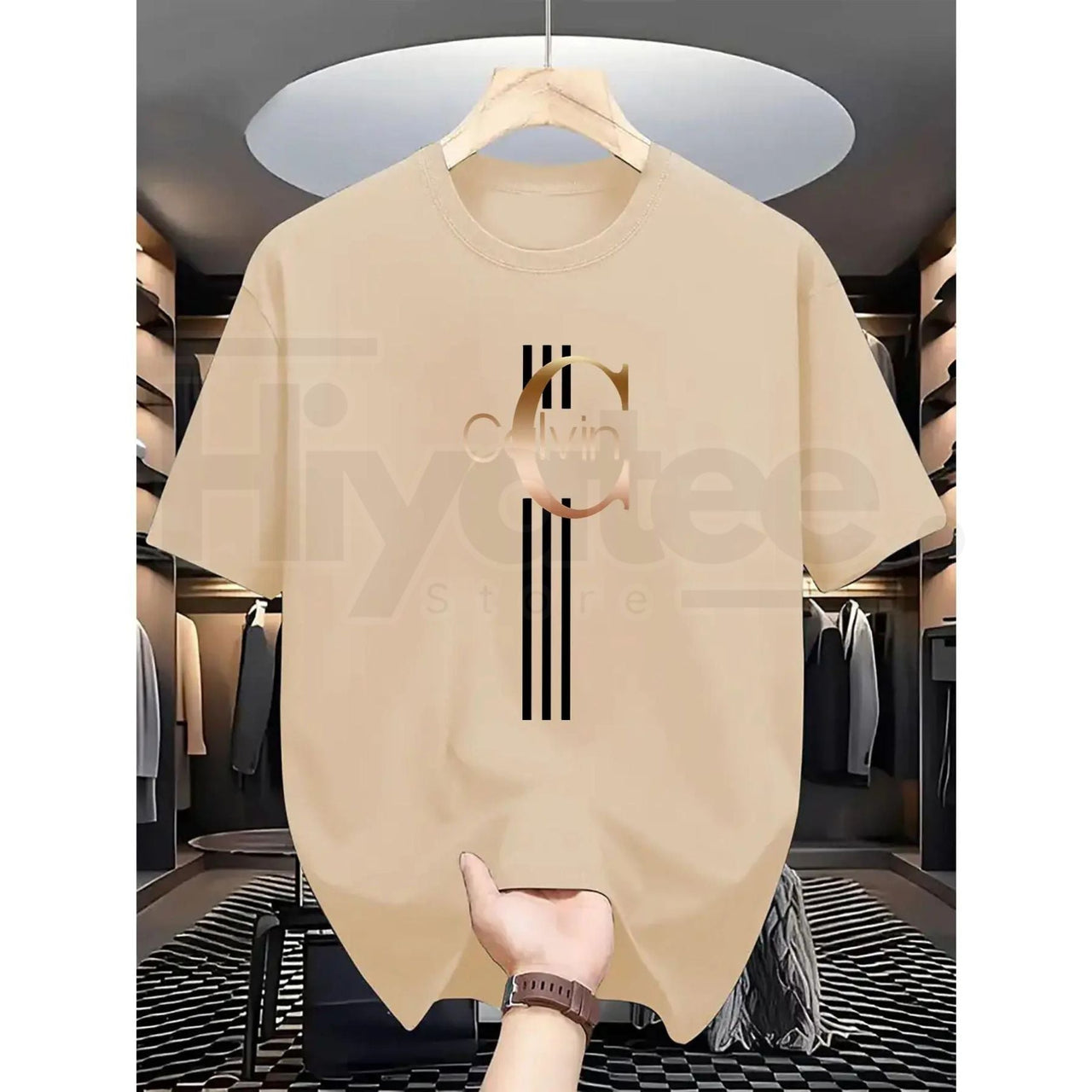 Men's Casual Calvin Print T-Shirt – Black & Gold Striped Street Style Essential