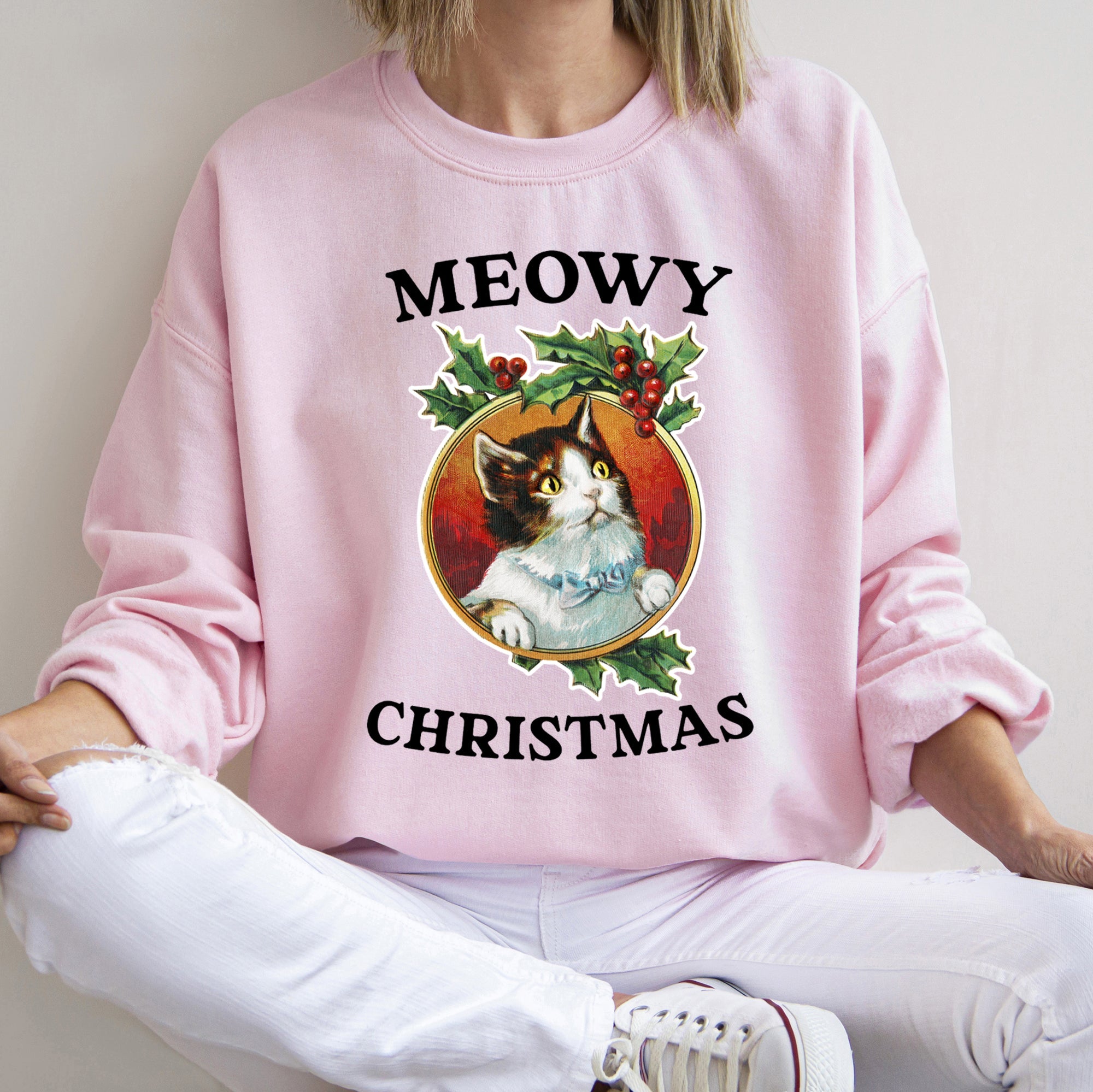 Meowy Christmas Retro Cat Illustration With Whimsical Holiday Charm For Festive Cozy Nights Sweatshirt