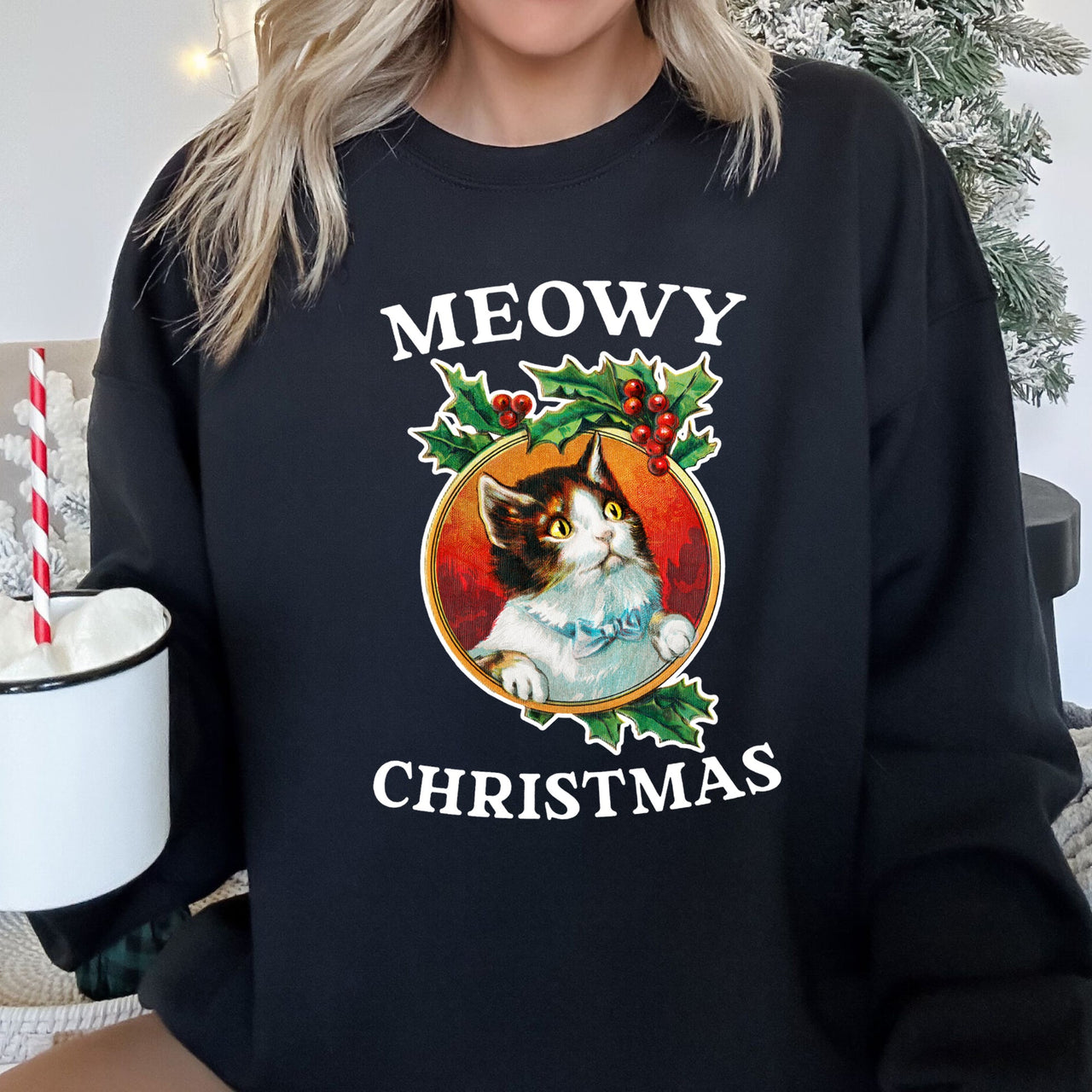 Premium Meowy Christmas Retro Cat Festive Feline Nostalgia Holiday Design Sweatshirt