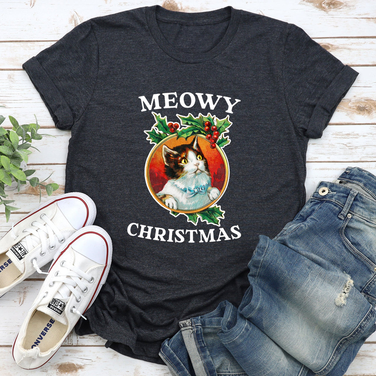 Meowy Christmas Retro Cat Festive Paws Silhouette Holiday Theme Vintage Nostalgic Pop Art Graphic Tee