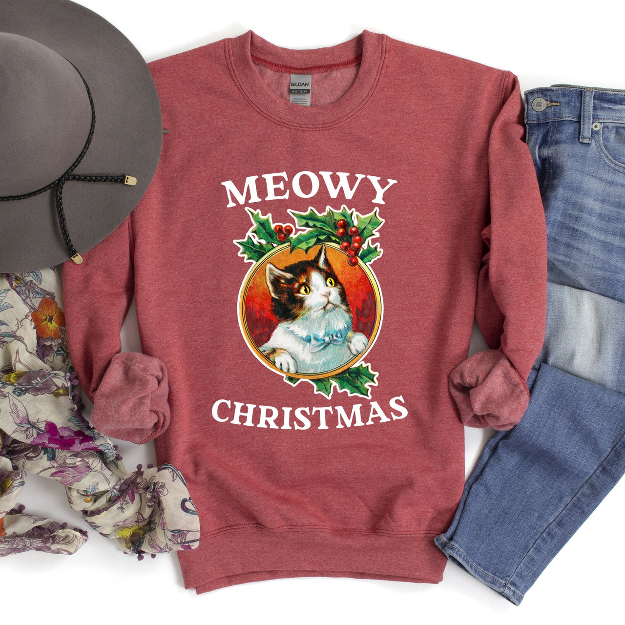 Premium Meowy Christmas Retro Cat Festive Feline Nostalgia Holiday Design Sweatshirt