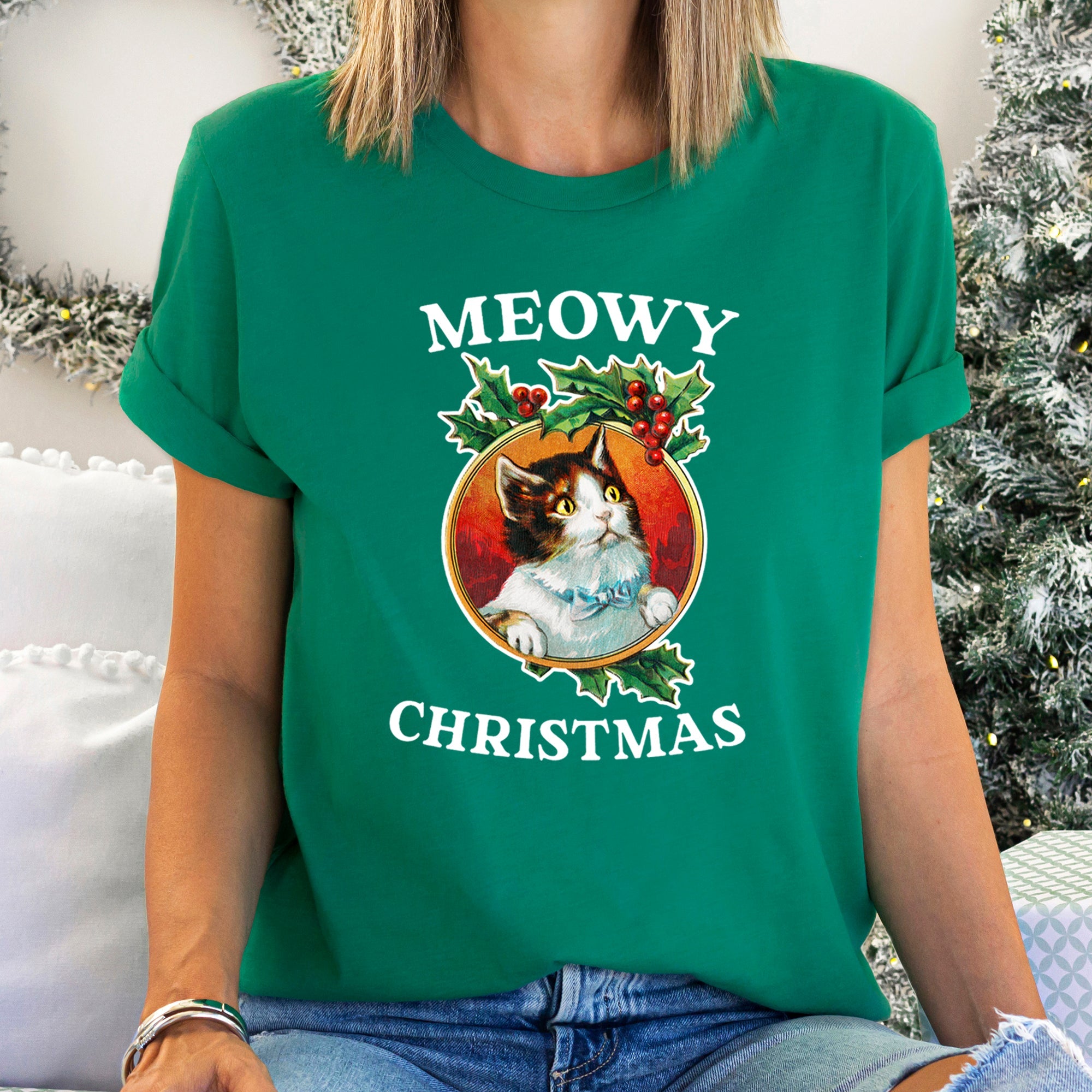 Meowy Christmas Retro Cat Festive Paws Silhouette Holiday Theme Vintage Nostalgic Pop Art Graphic Tee