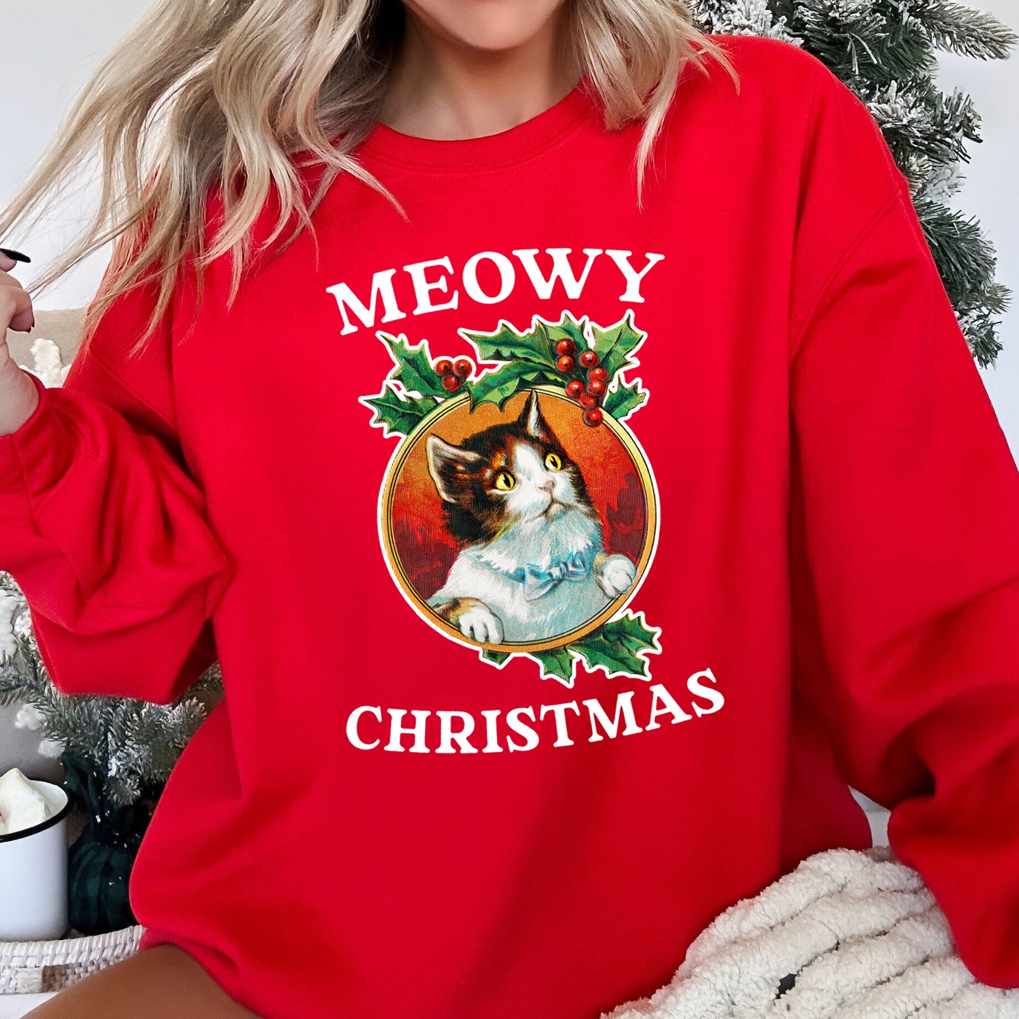 Premium Meowy Christmas Retro Cat Festive Feline Nostalgia Holiday Design Sweatshirt
