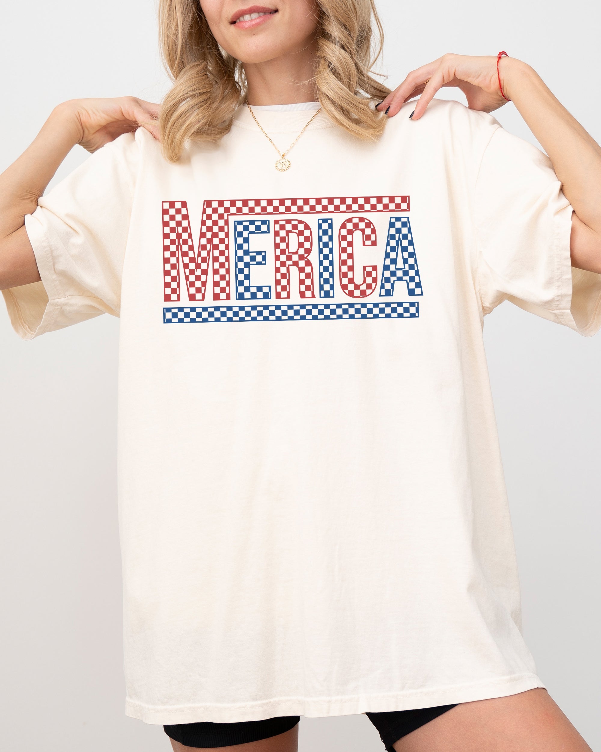 Merica America Retro Checkered Independence Day USA Fourth Of July Comfort Colors Tee
