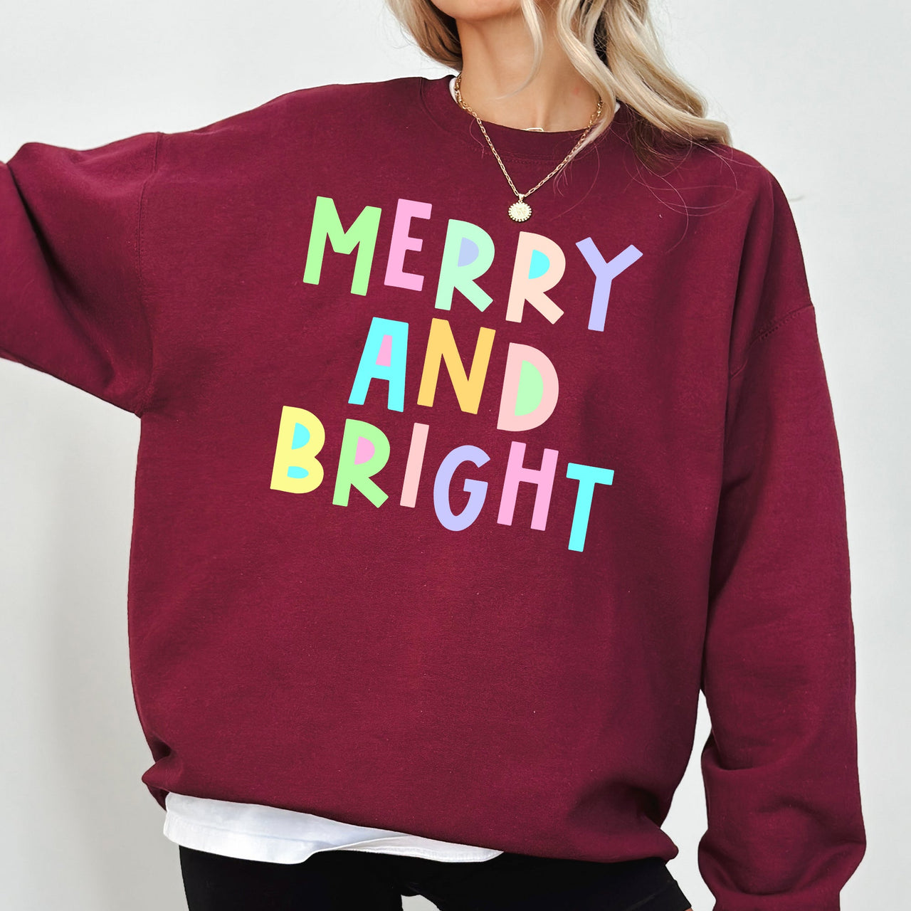 Merry And Bright Christmas Pastel Positive Sarcastic Mom Gift Mental Health Support Sweatshirt